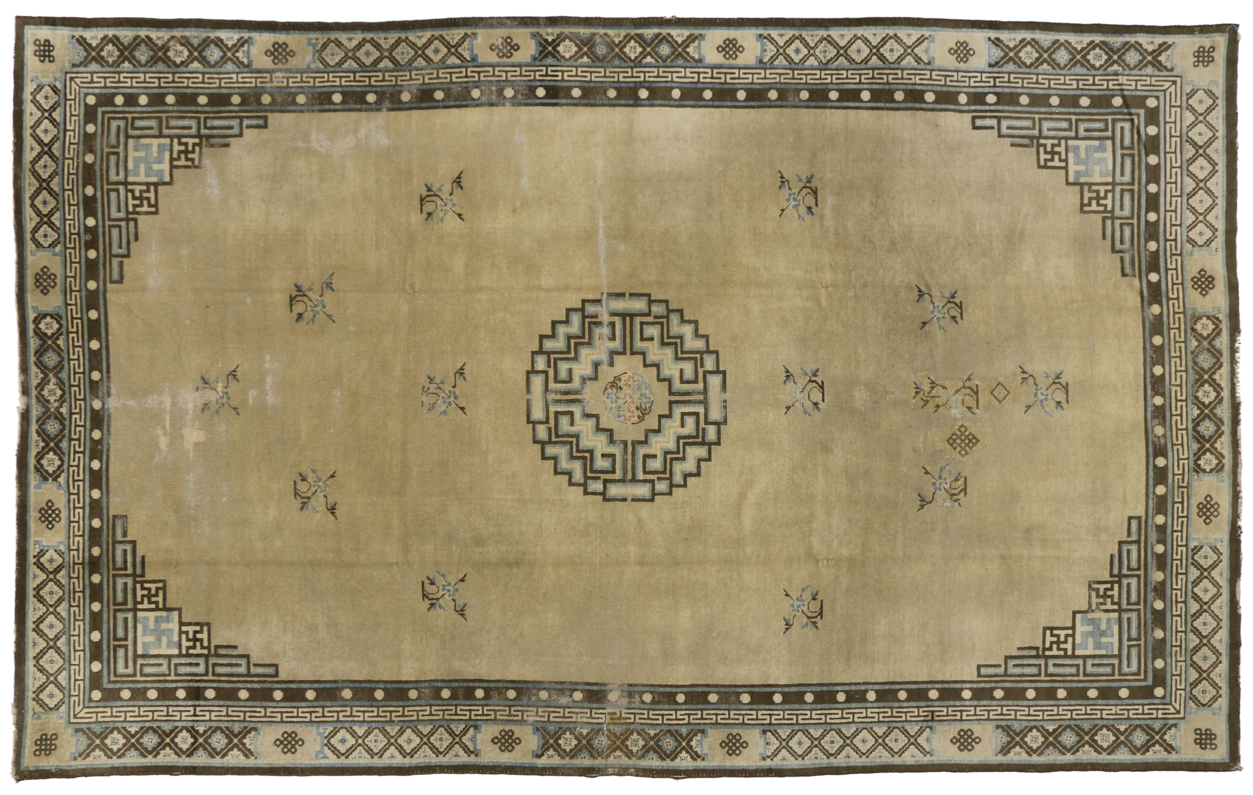 Hand-Knotted Distressed Antique Chinese Peking Rug with Art Deco Style, Mid-19th Century Rug For Sale
