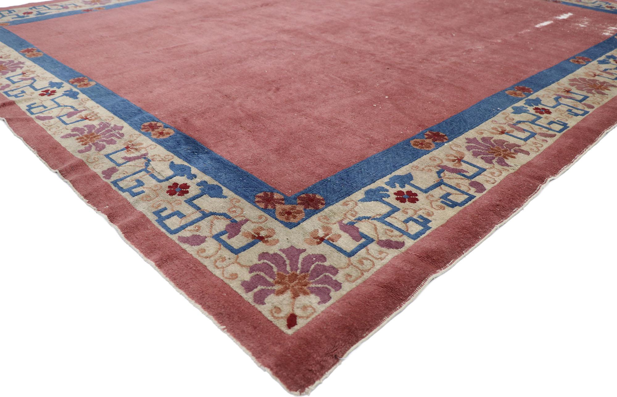 78079 distressed antique Chinese Peking rug with Industrial Art Deco style 08'02 x 09'08. With its effortless beauty and rustic sensibility, this hand-knotted wool distressed antique Chinese Peking rug will take on a curated lived-in look that feels