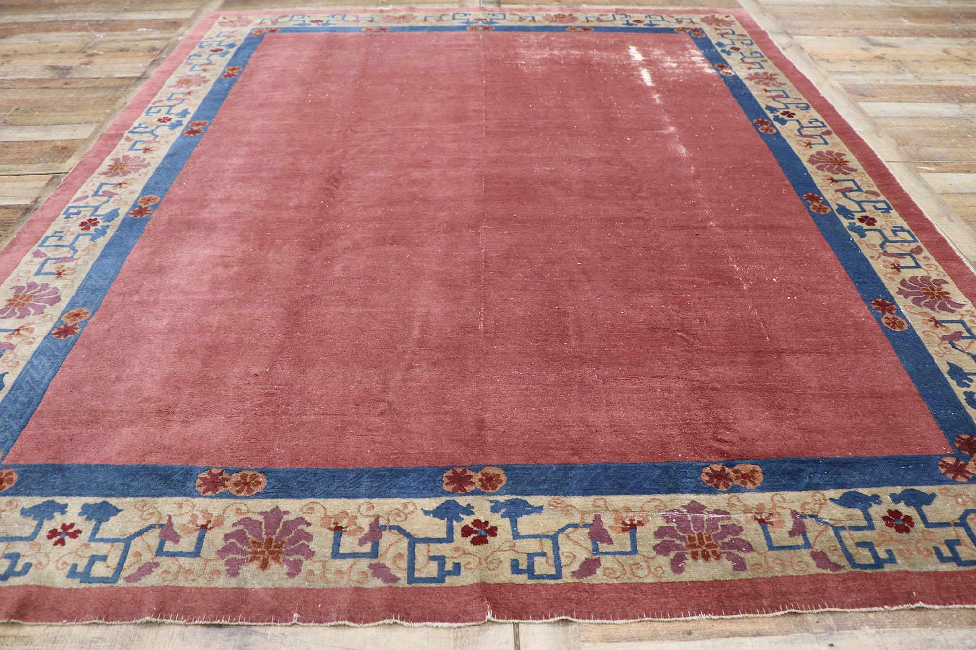 19th Century Distressed Antique Chinese Peking Rug with Industrial Art Deco Style For Sale