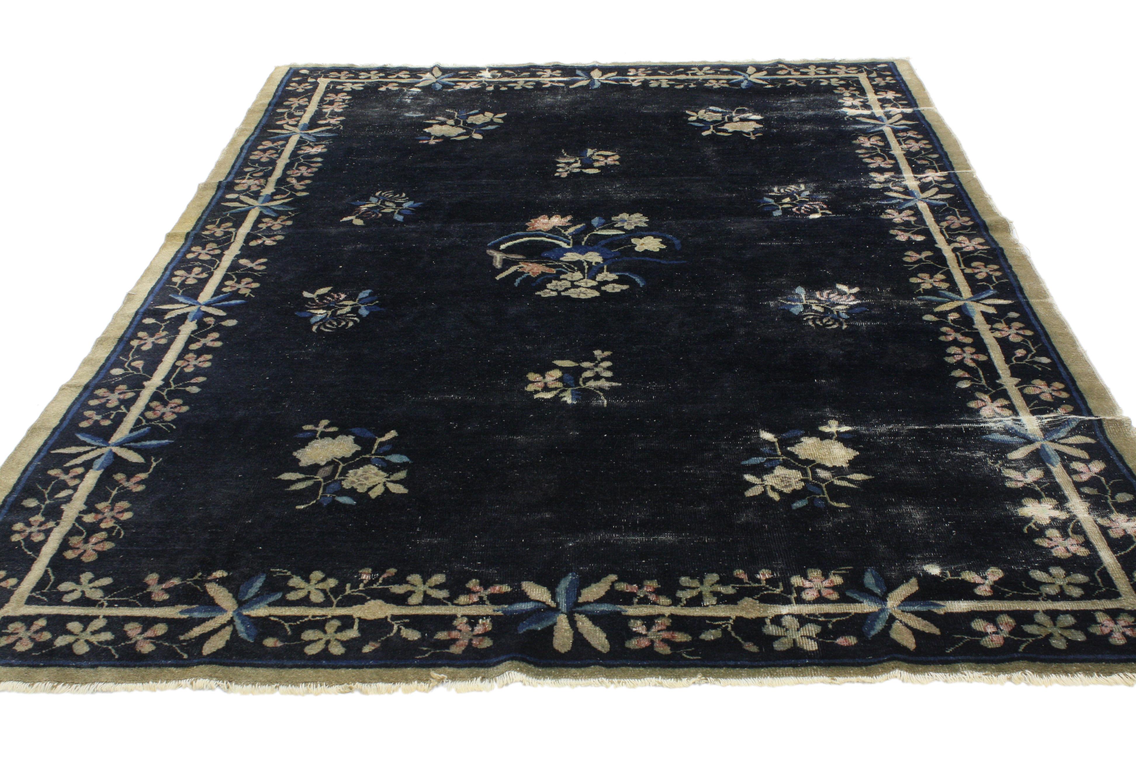 Chinese Export Distressed Antique Chinese Peking Rug with Jazz Age Chinoiserie Style