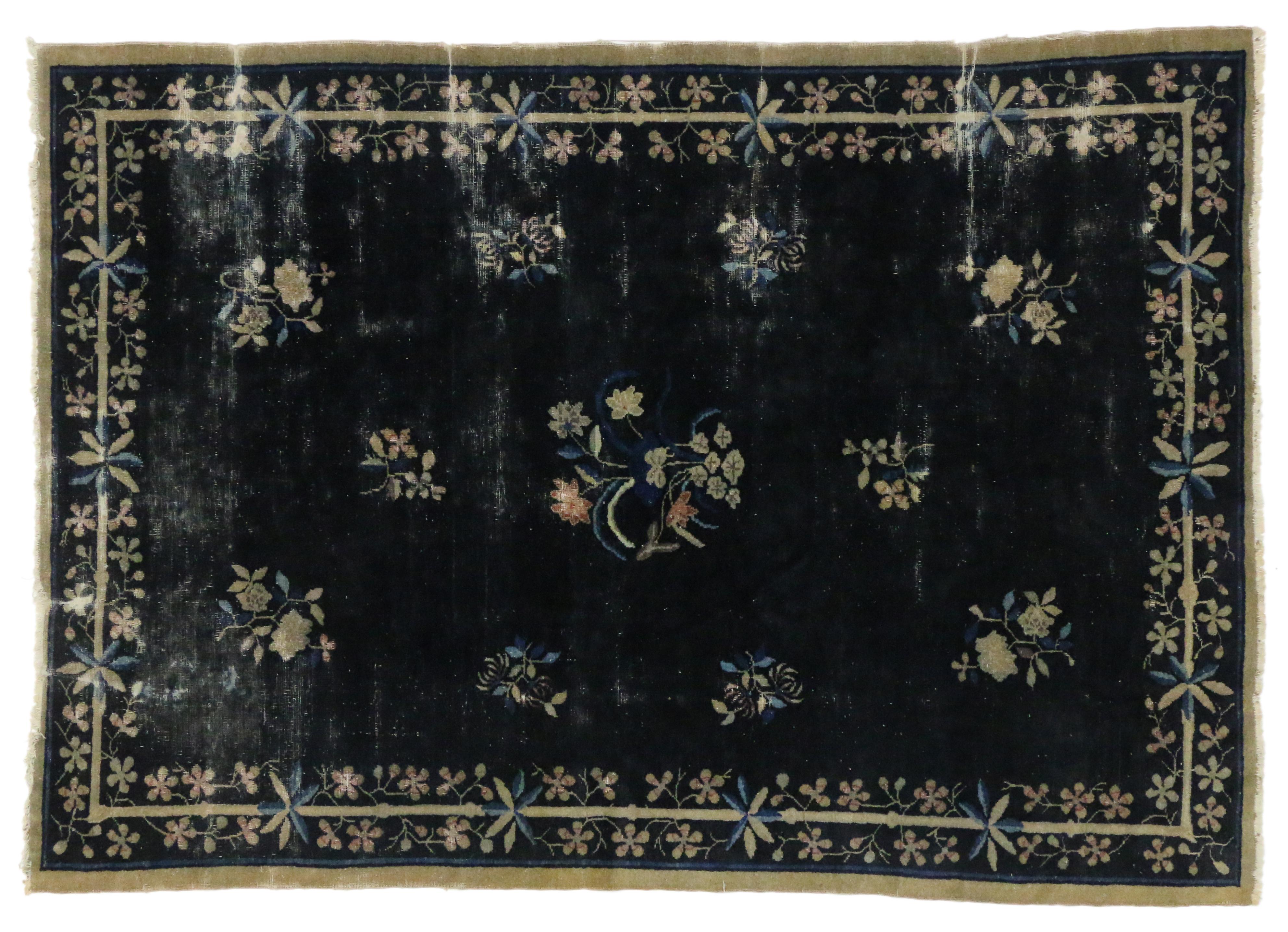 Hand-Knotted Distressed Antique Chinese Peking Rug with Jazz Age Chinoiserie Style