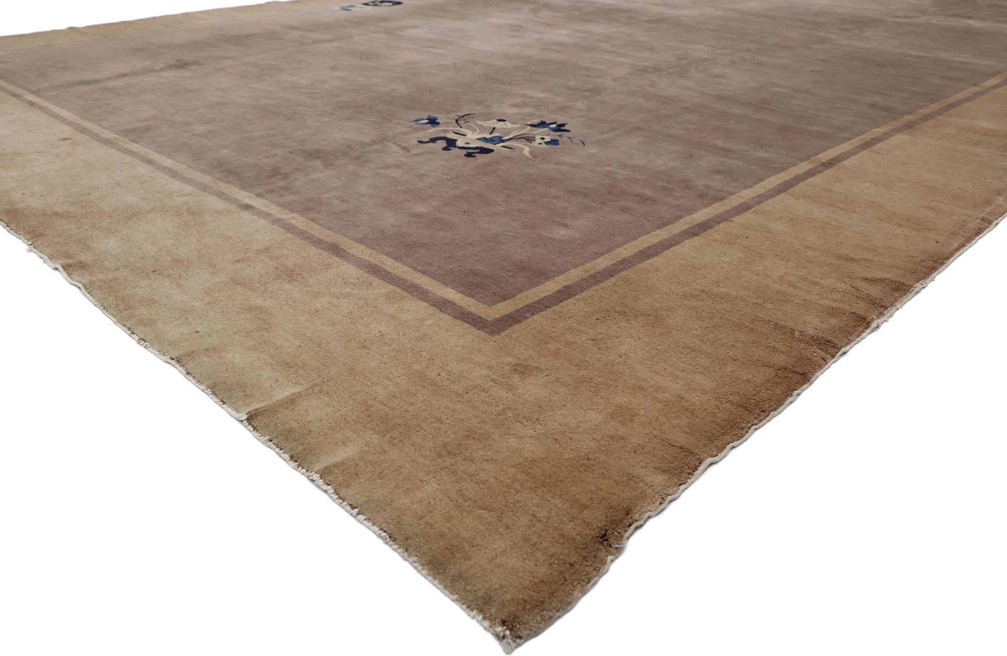 ?78081 Distressed Antique Chinese Peking rug with Minimalist Style 12'01 x 19'01. ??With its effortless beauty and rustic sensibility, this hand-knotted wool distressed antique Chinese Peking rug will take on a curated lived-in look that feels