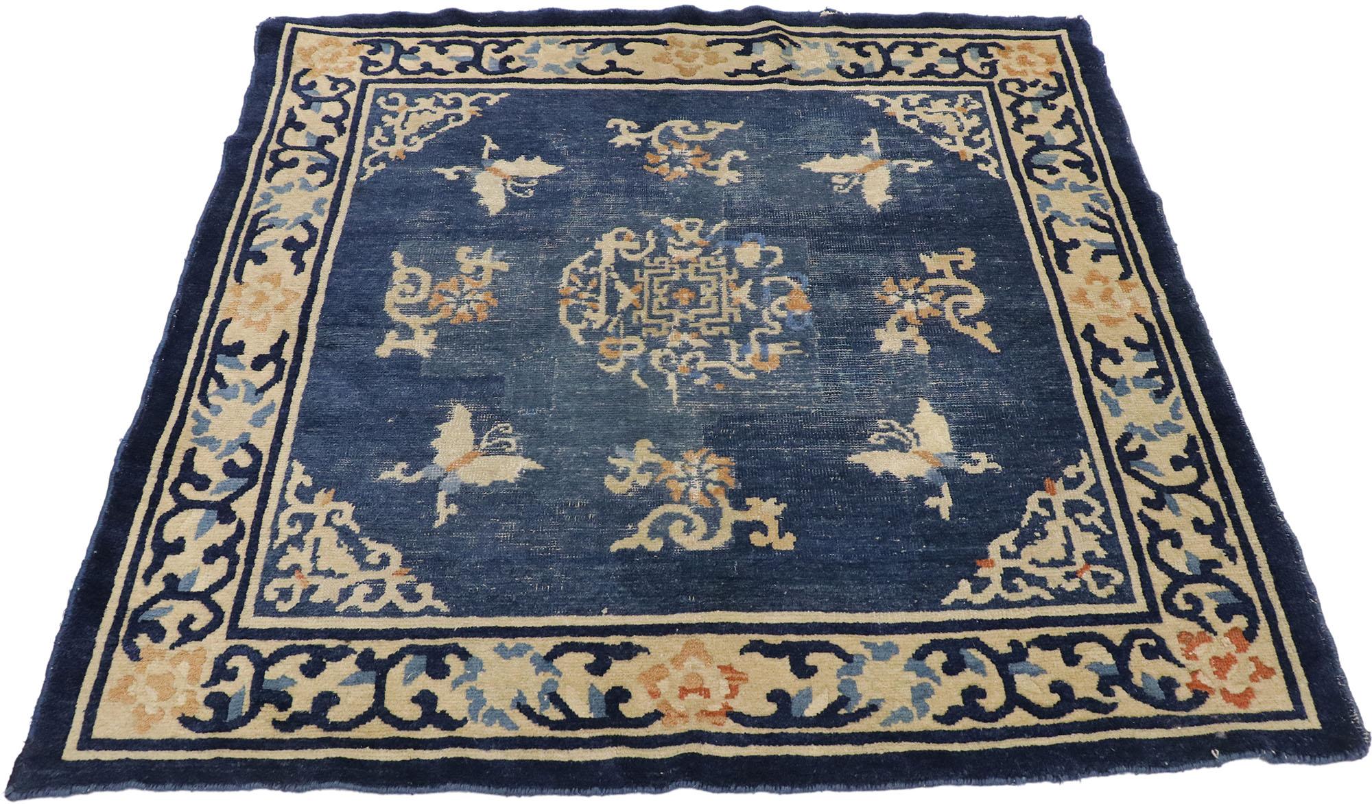 Distressed Antique Chinese Peking Rug with Romantic Chinoiserie Style In Distressed Condition For Sale In Dallas, TX