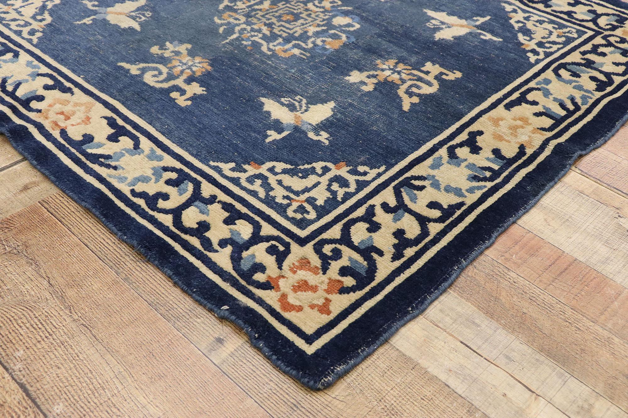 Distressed Antique Chinese Peking Rug with Romantic Chinoiserie Style For Sale 1