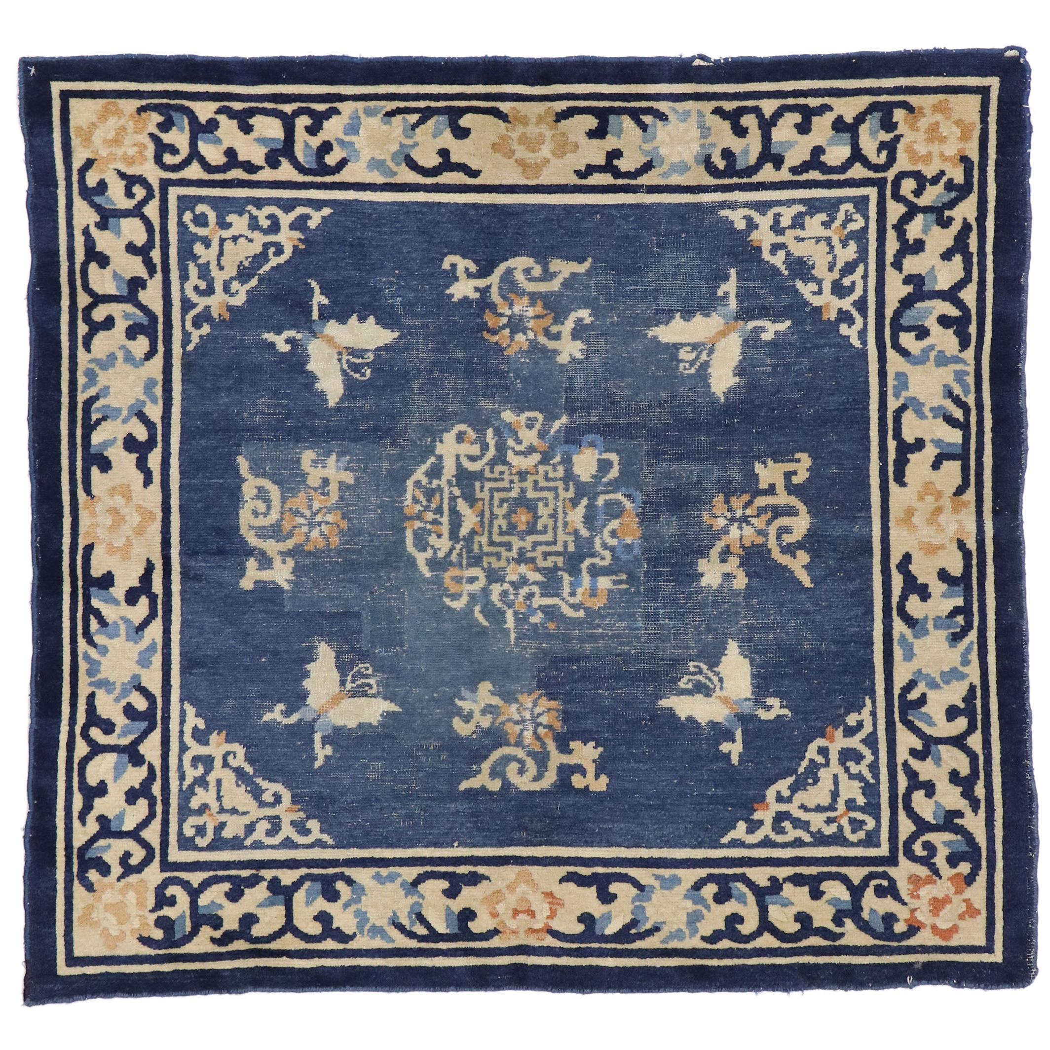 Distressed Antique Chinese Peking Rug with Romantic Chinoiserie Style For Sale