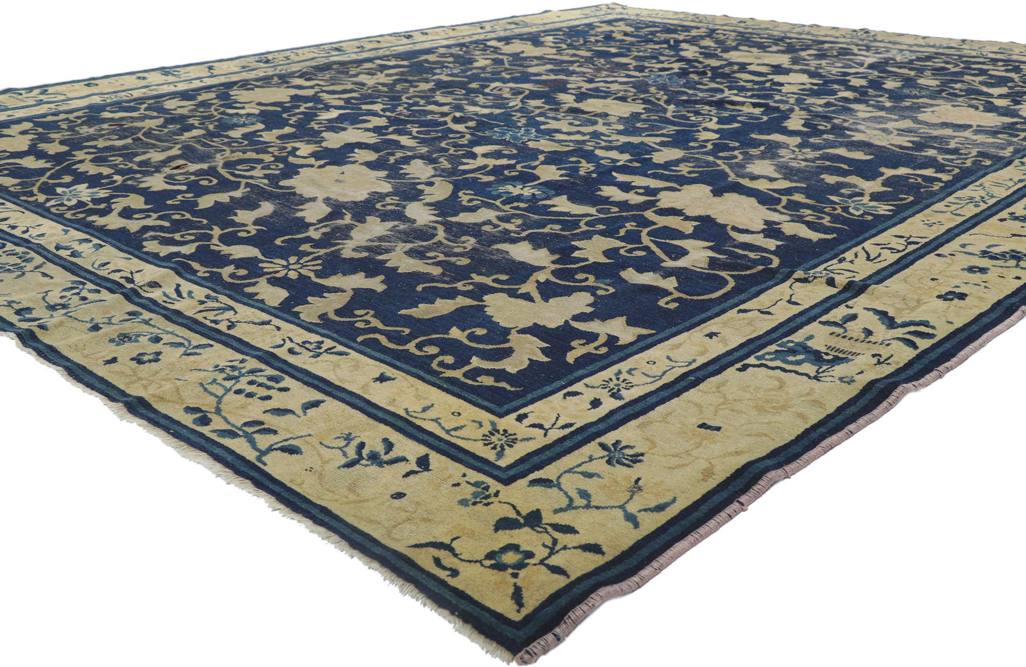 78174 Distressed Antique Chinese Peking rug, 08'08 x 11'00. Effortless beauty and understated elegance, this hand-knotted wool distressed antique Peking rug beautifully embodies rustic Chinoiserie style. A rustic traditional scene composed of