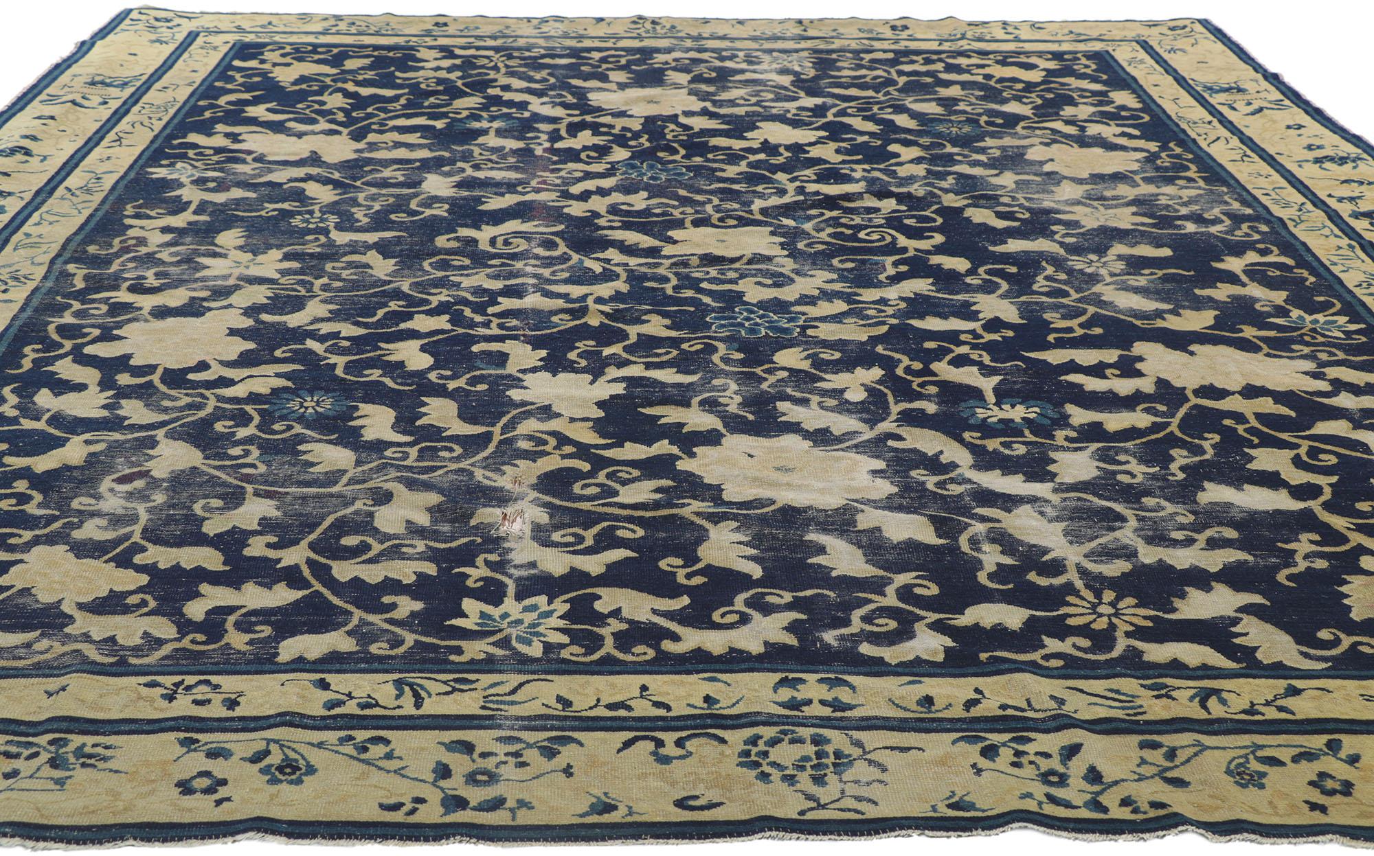 Chinese Chippendale Distressed Antique Chinese Peking Rug with Rustic Chinoiserie Style For Sale