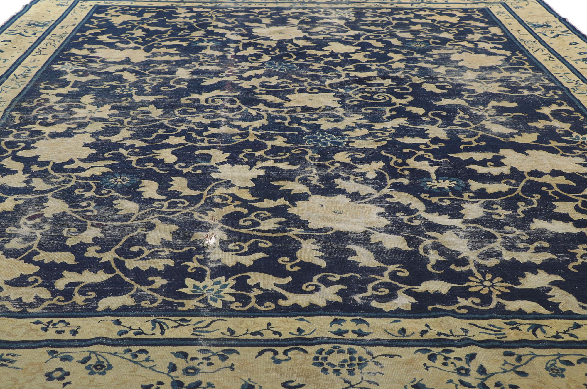 Hand-Knotted Distressed Antique Chinese Peking Rug with Rustic Chinoiserie Style For Sale