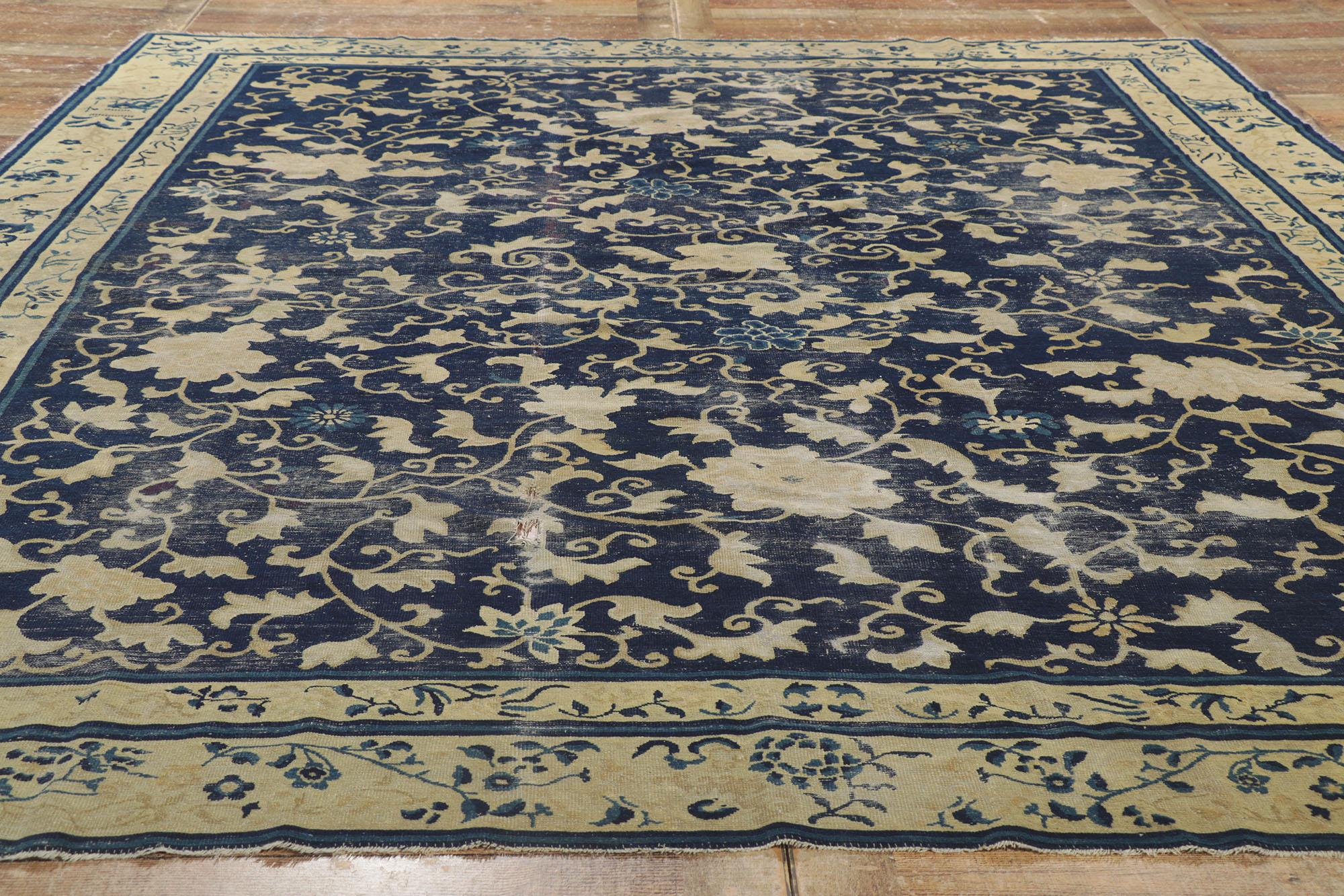 Wool Distressed Antique Chinese Peking Rug with Rustic Chinoiserie Style For Sale