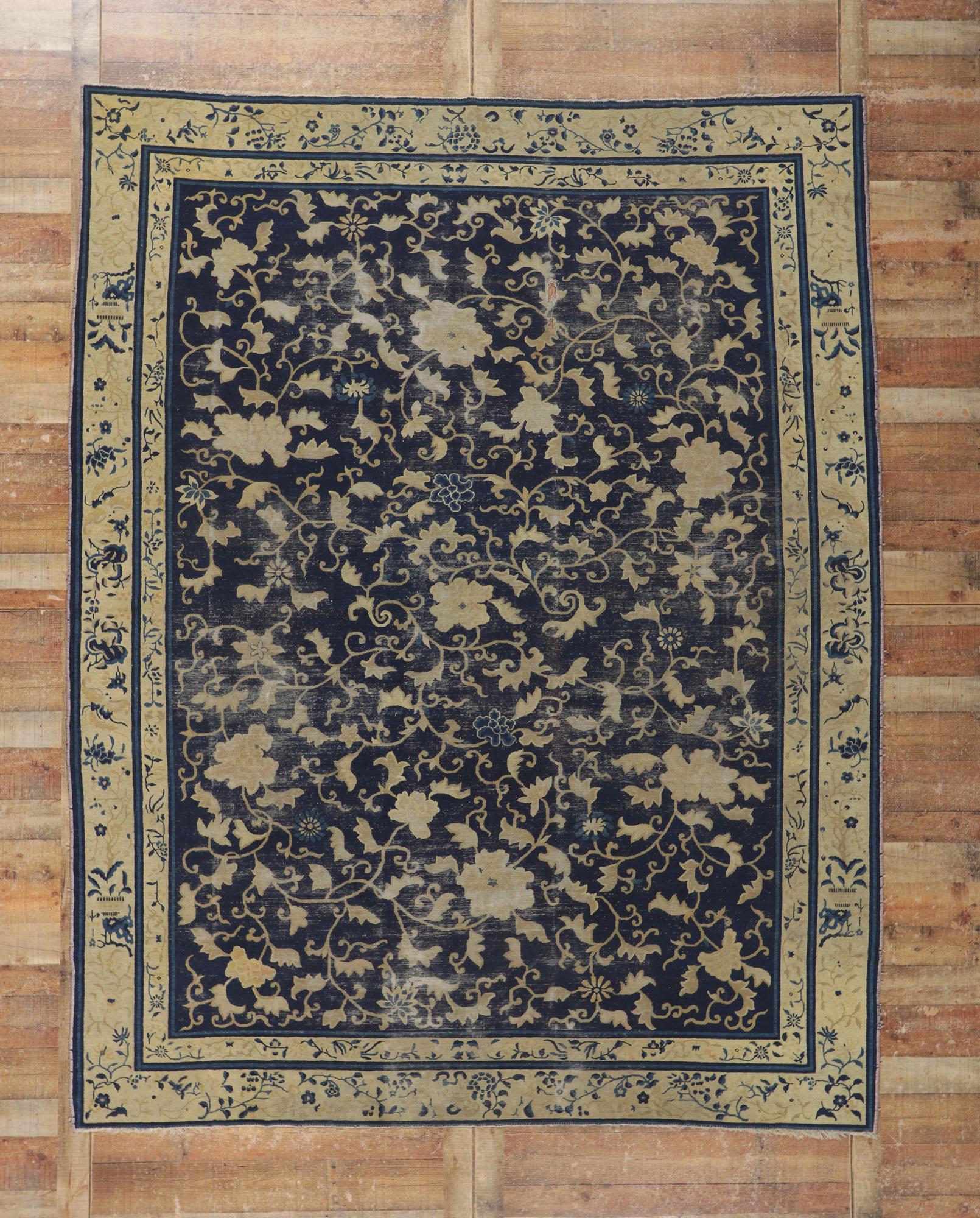 Distressed Antique Chinese Peking Rug with Rustic Chinoiserie Style For Sale 1
