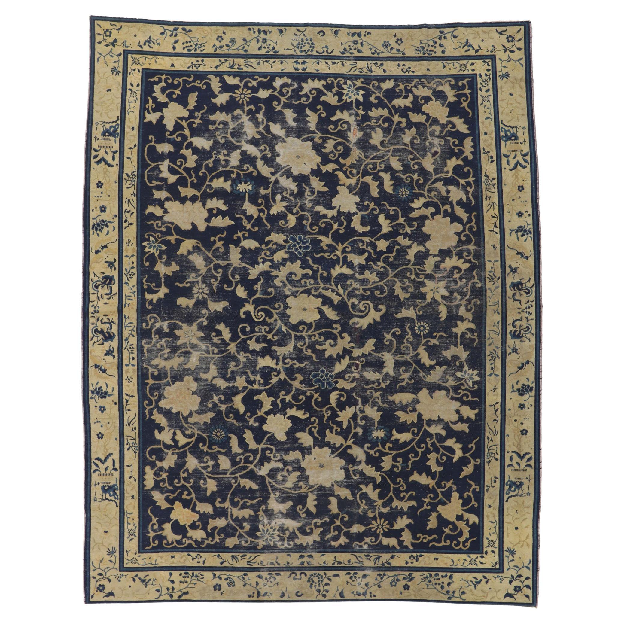 Distressed Antique Chinese Peking Rug with Rustic Chinoiserie Style For Sale