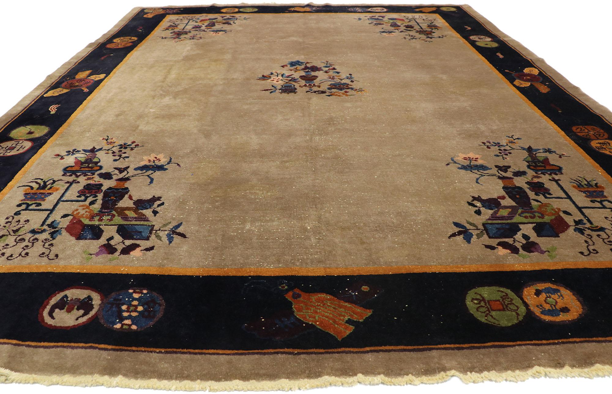 Art Deco Distressed Antique Chinese Peking Rug with Traditional Chinoiserie Style For Sale