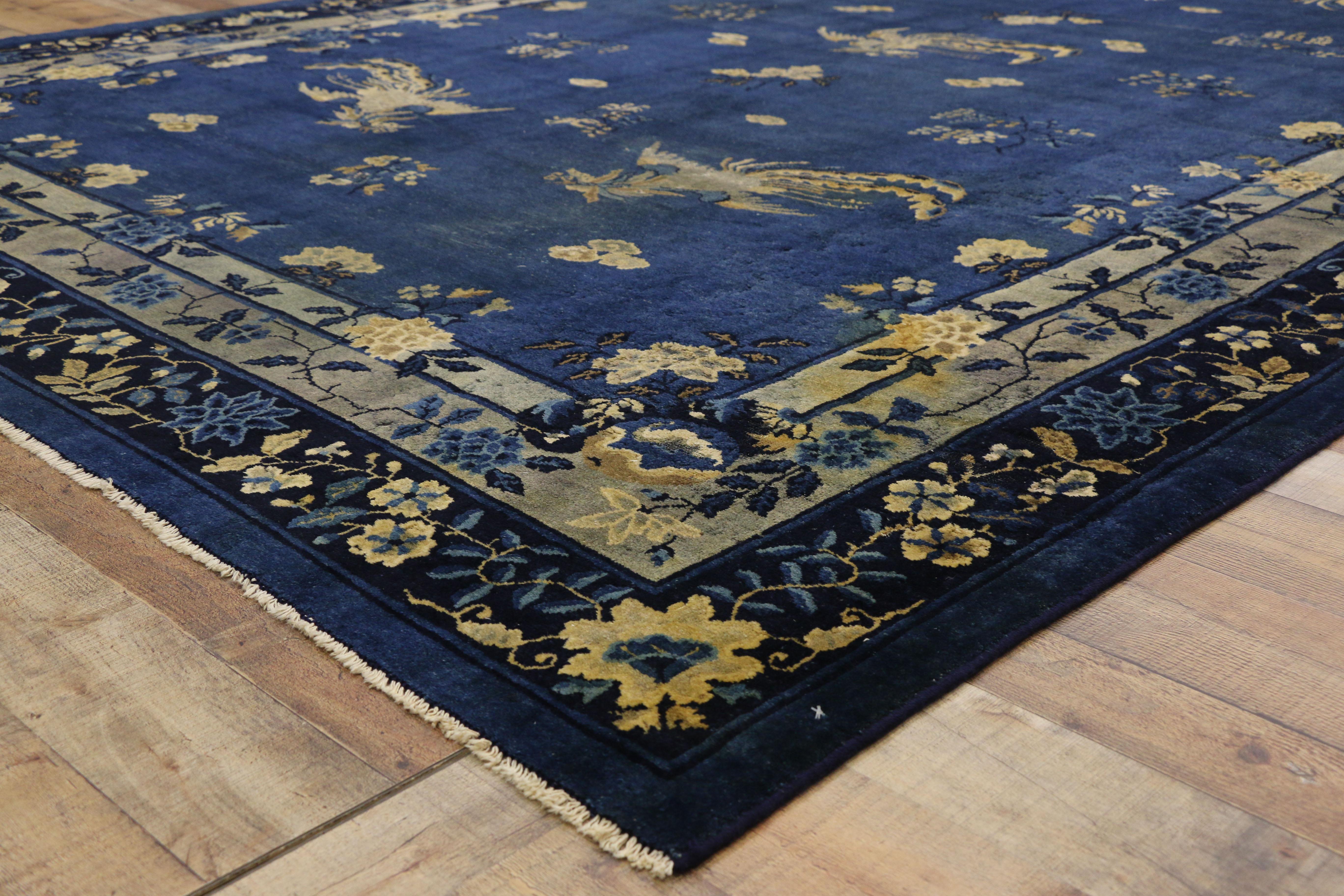 19th Century Distressed Antique Chinese Peking Rug with Traditional Chinoiserie Style