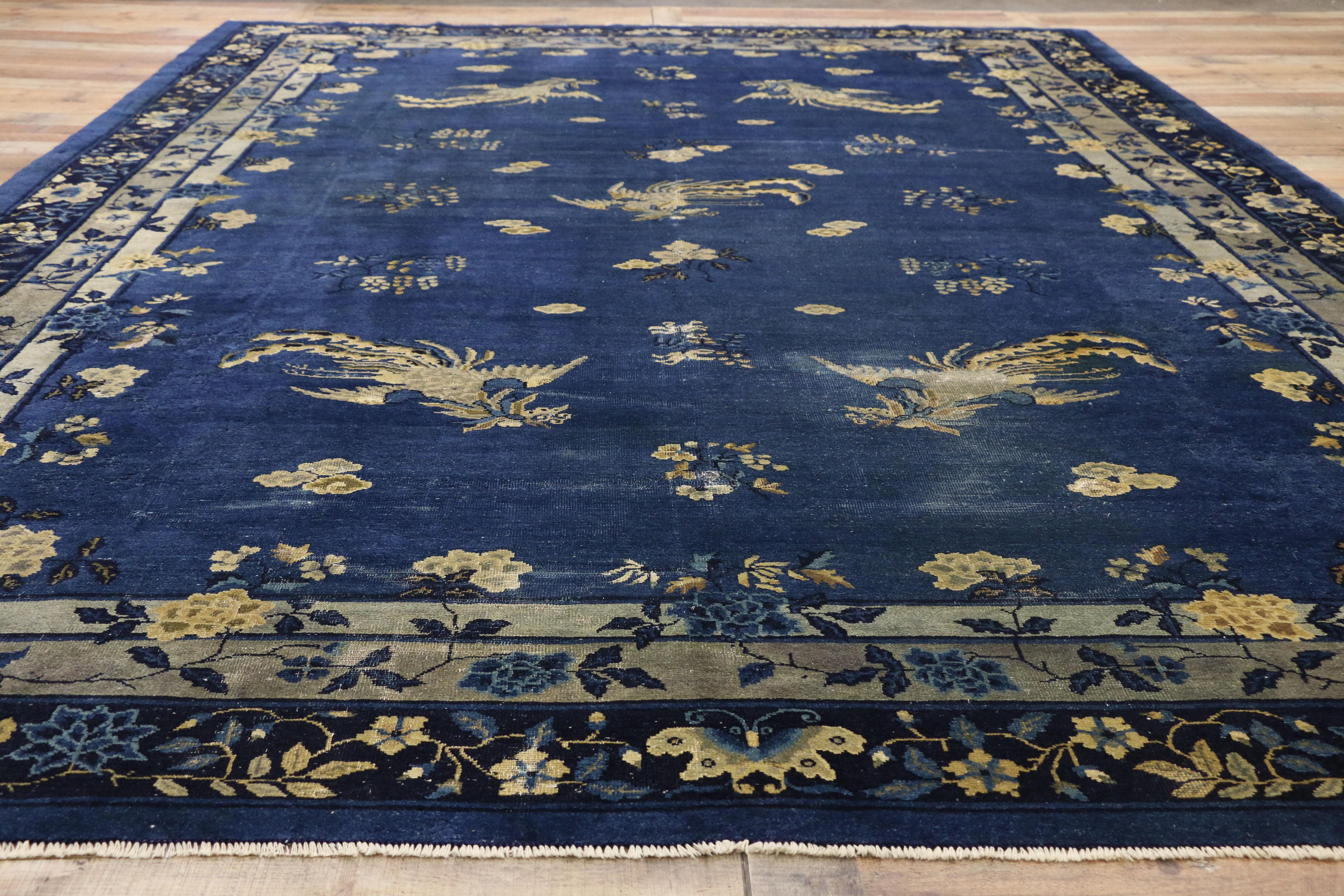 Wool Distressed Antique Chinese Peking Rug with Traditional Chinoiserie Style