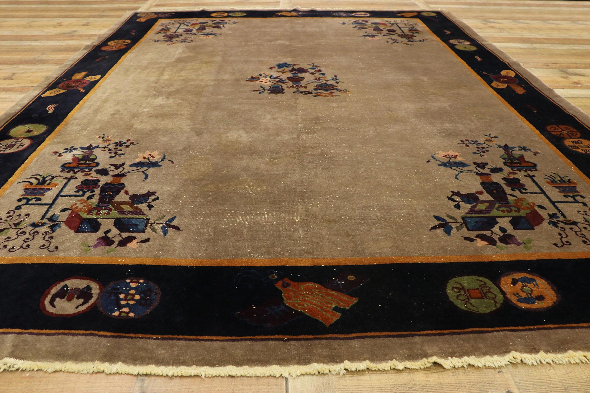 Wool Distressed Antique Chinese Peking Rug with Traditional Chinoiserie Style For Sale