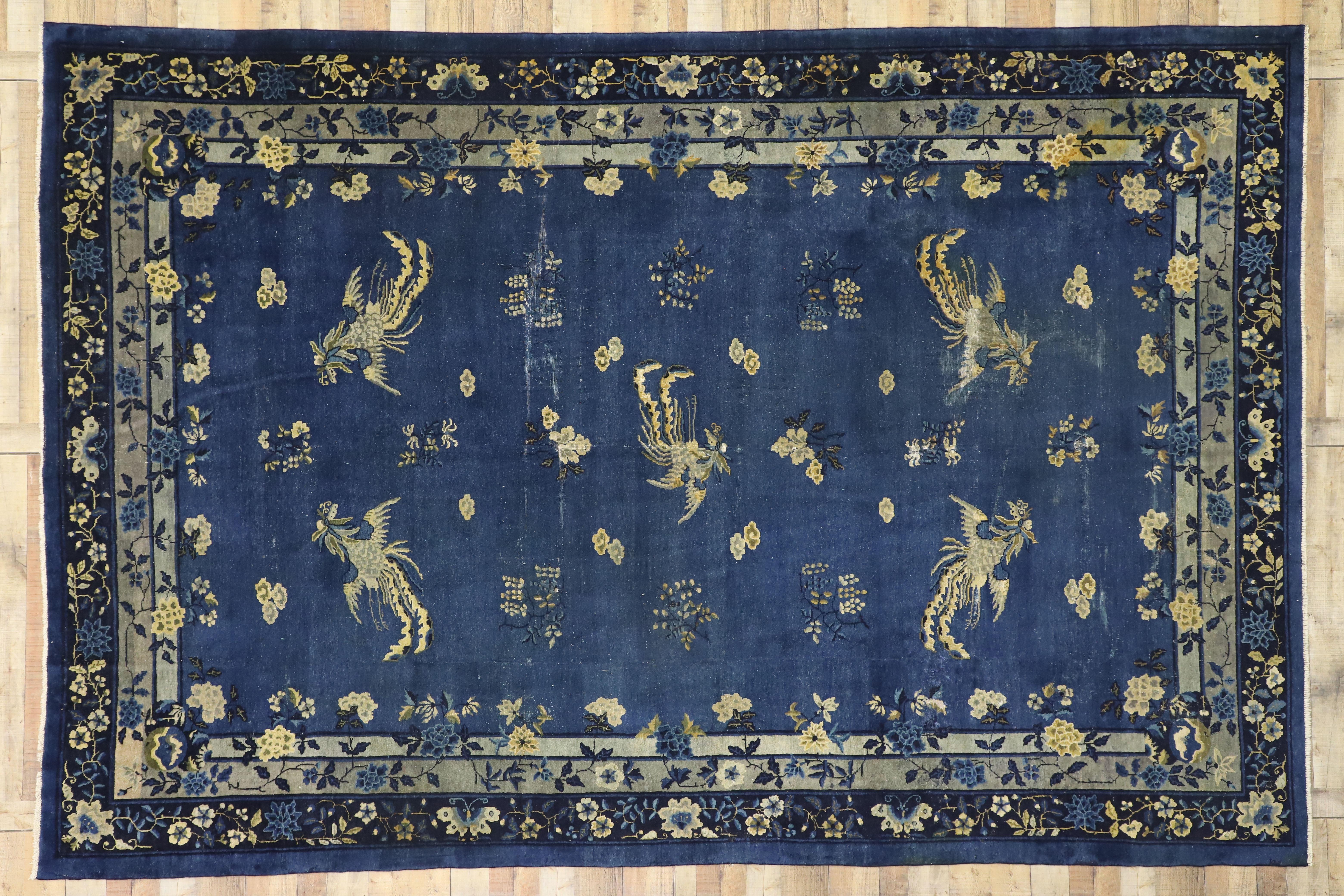 Distressed Antique Chinese Peking Rug with Traditional Chinoiserie Style 1