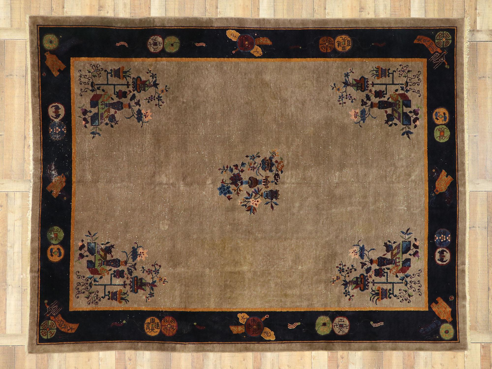 Distressed Antique Chinese Peking Rug with Traditional Chinoiserie Style For Sale 1