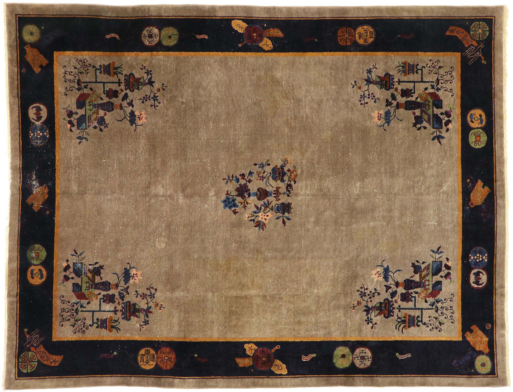 Distressed Antique Chinese Peking Rug with Traditional Chinoiserie Style For Sale 2