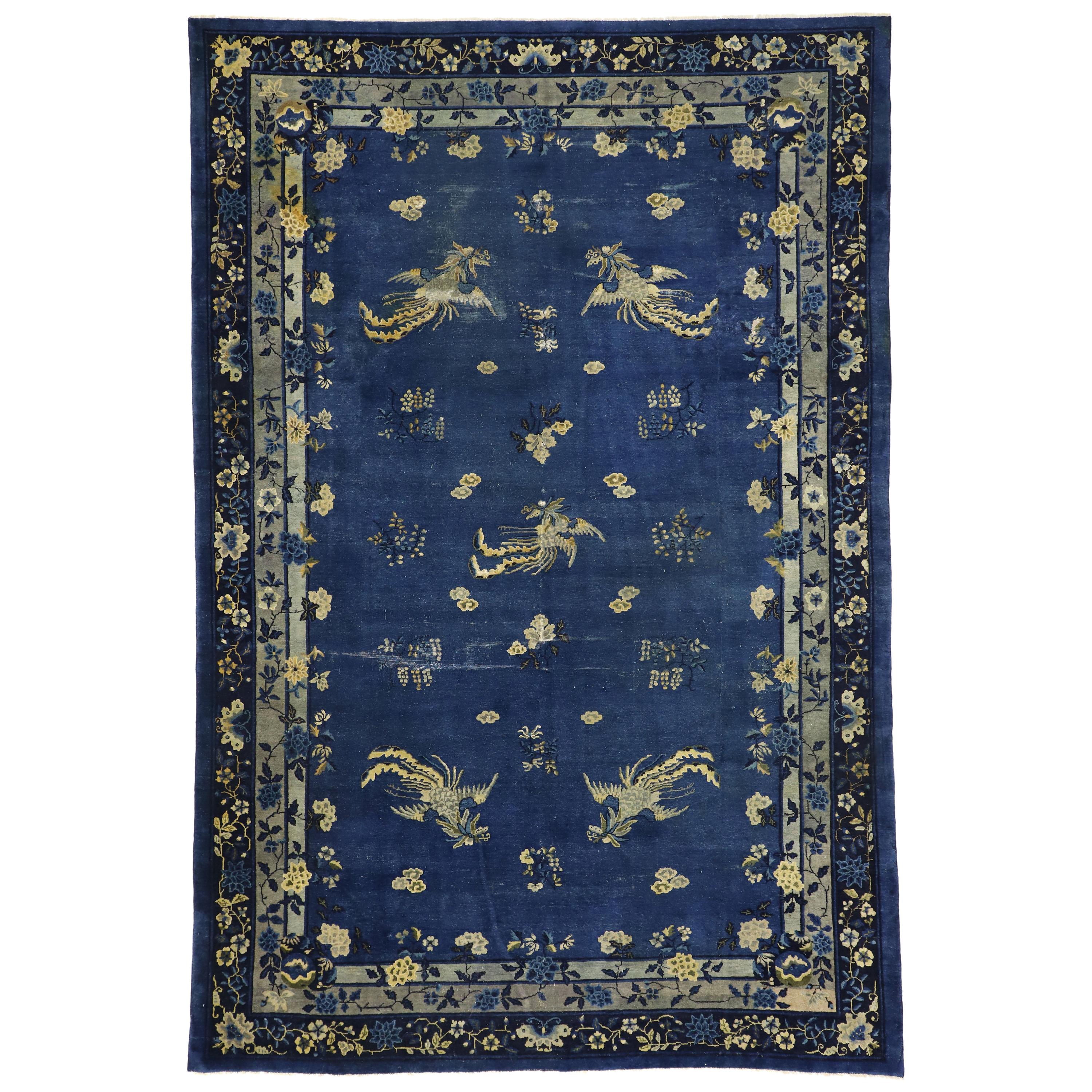 Distressed Antique Chinese Peking Rug with Traditional Chinoiserie Style