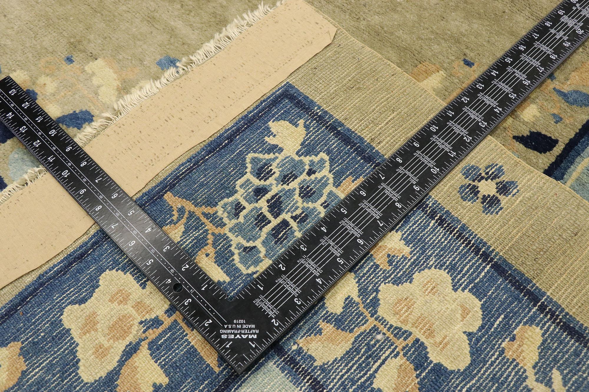 Hand-Knotted Distressed Antique Chinese Rug with Romantic Chinoiserie Style