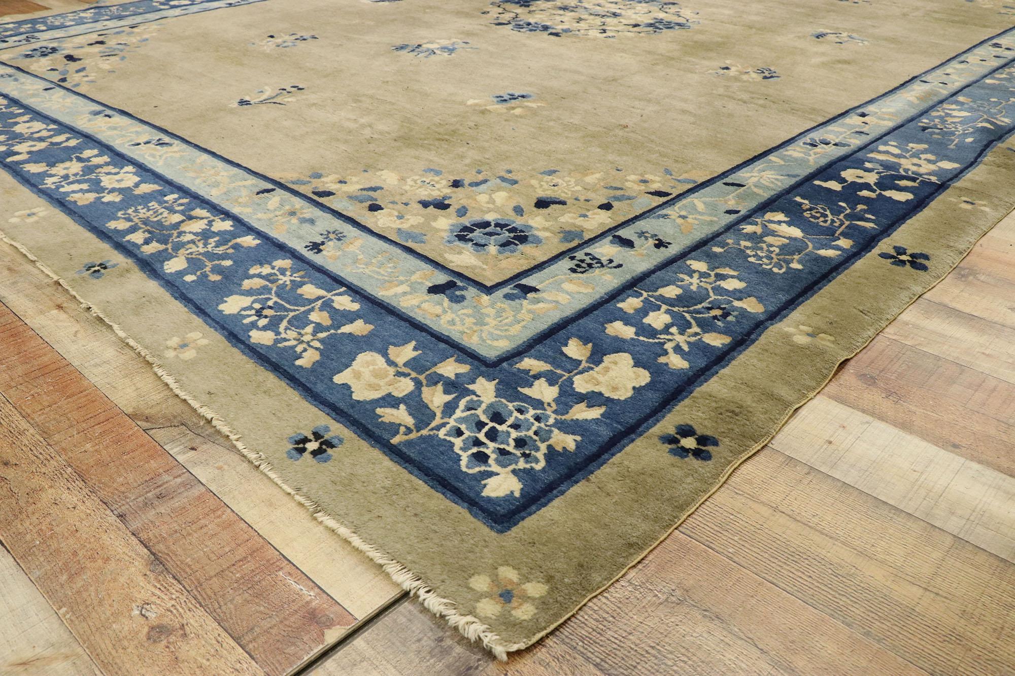 Distressed Antique Chinese Rug with Romantic Chinoiserie Style In Distressed Condition In Dallas, TX