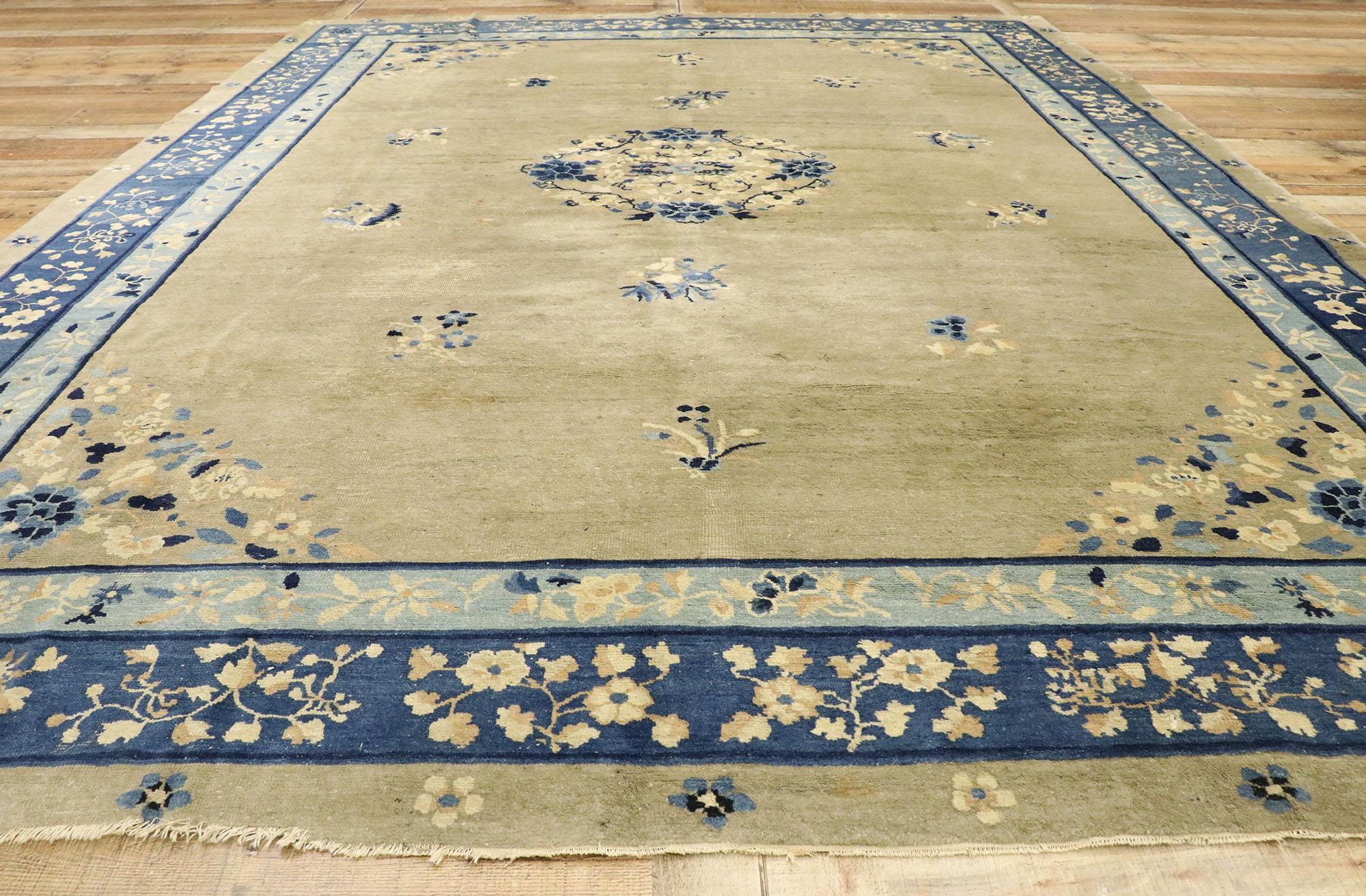 20th Century Distressed Antique Chinese Rug with Romantic Chinoiserie Style