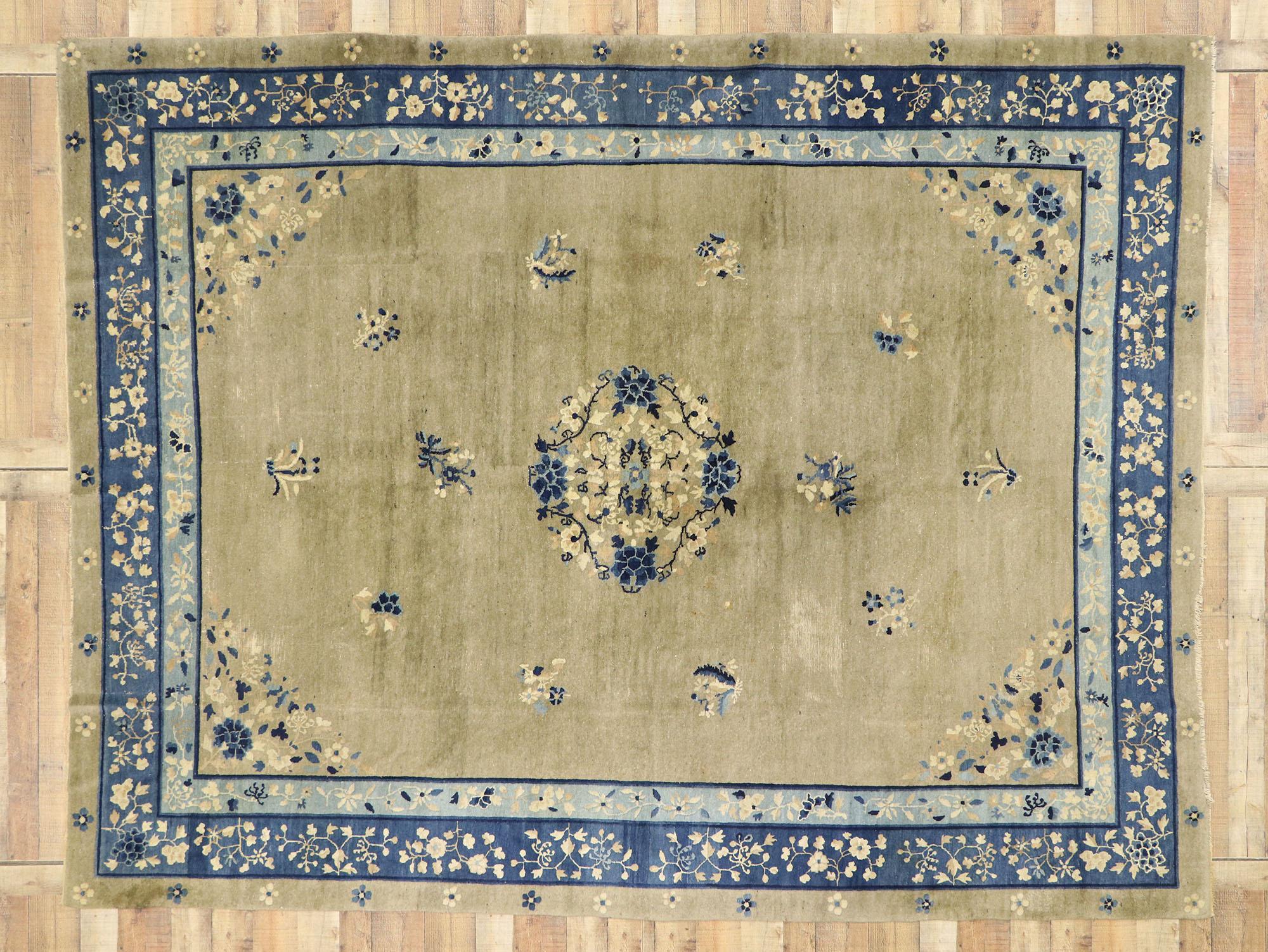 Wool Distressed Antique Chinese Rug with Romantic Chinoiserie Style