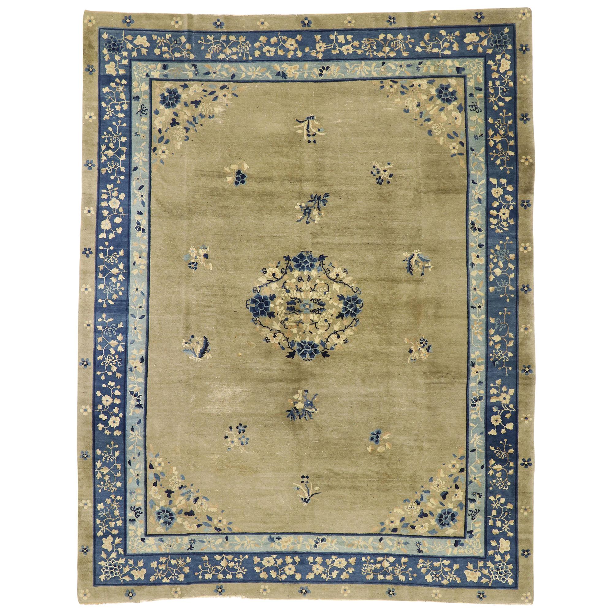 Distressed Antique Chinese Rug with Romantic Chinoiserie Style