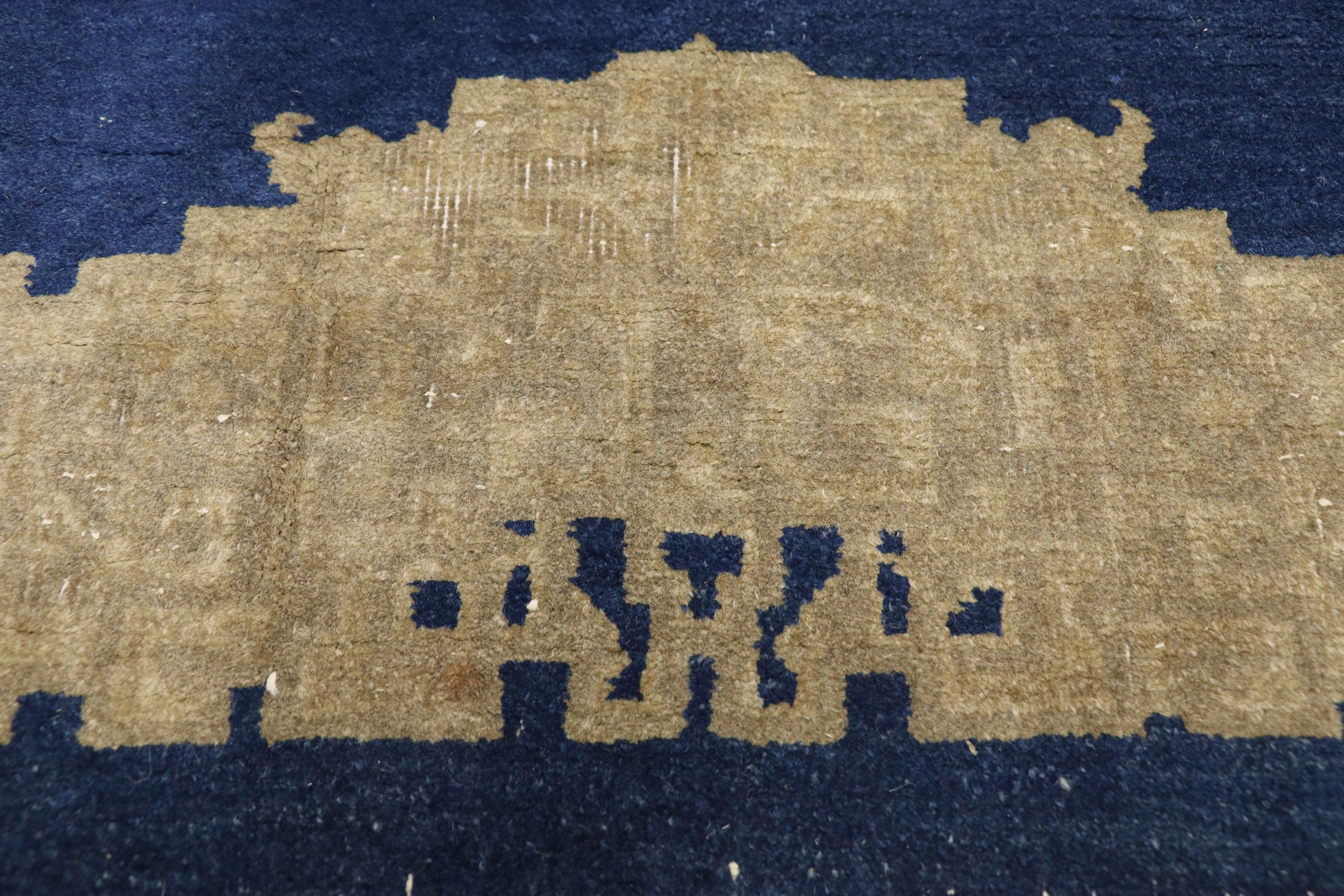 Hand-Knotted Distressed Antique Chinese Rug with Traditional Chinoiserie Style