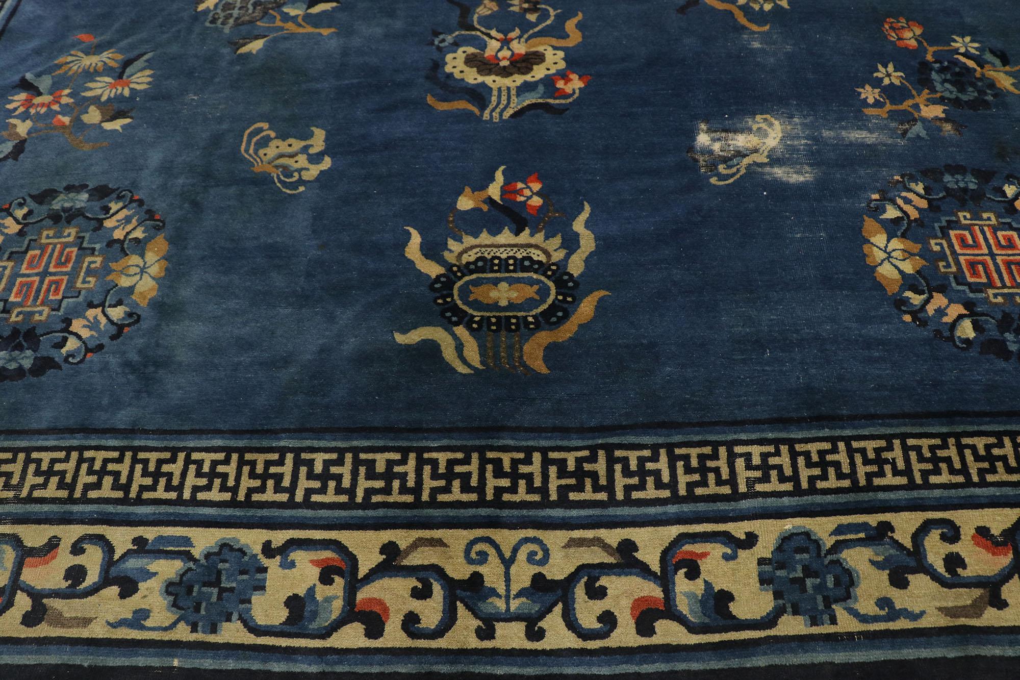 Hand-Knotted Antique Blue Chinese Peking Carpet For Sale