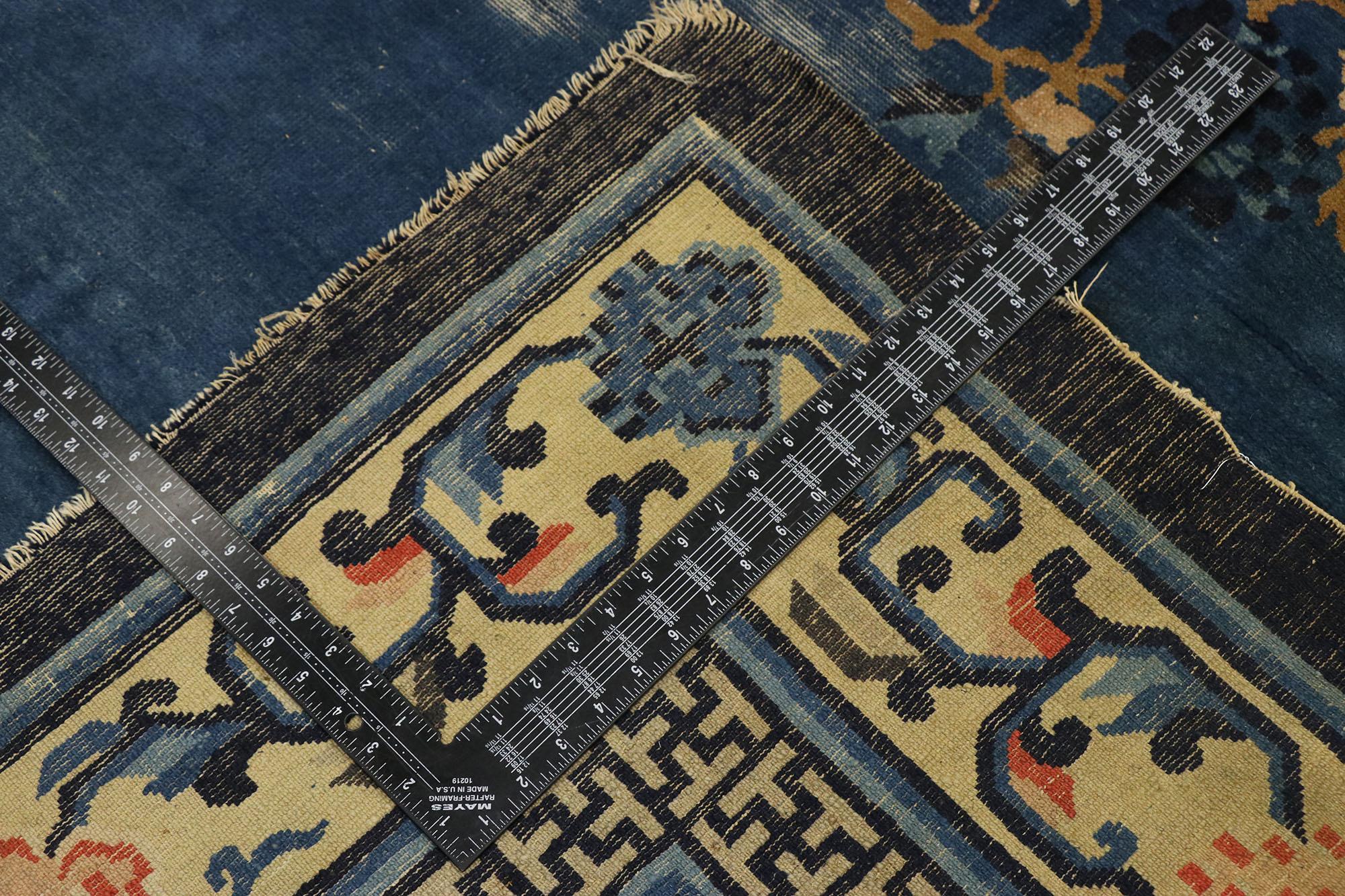 Antique Blue Chinese Peking Carpet In Distressed Condition For Sale In Dallas, TX