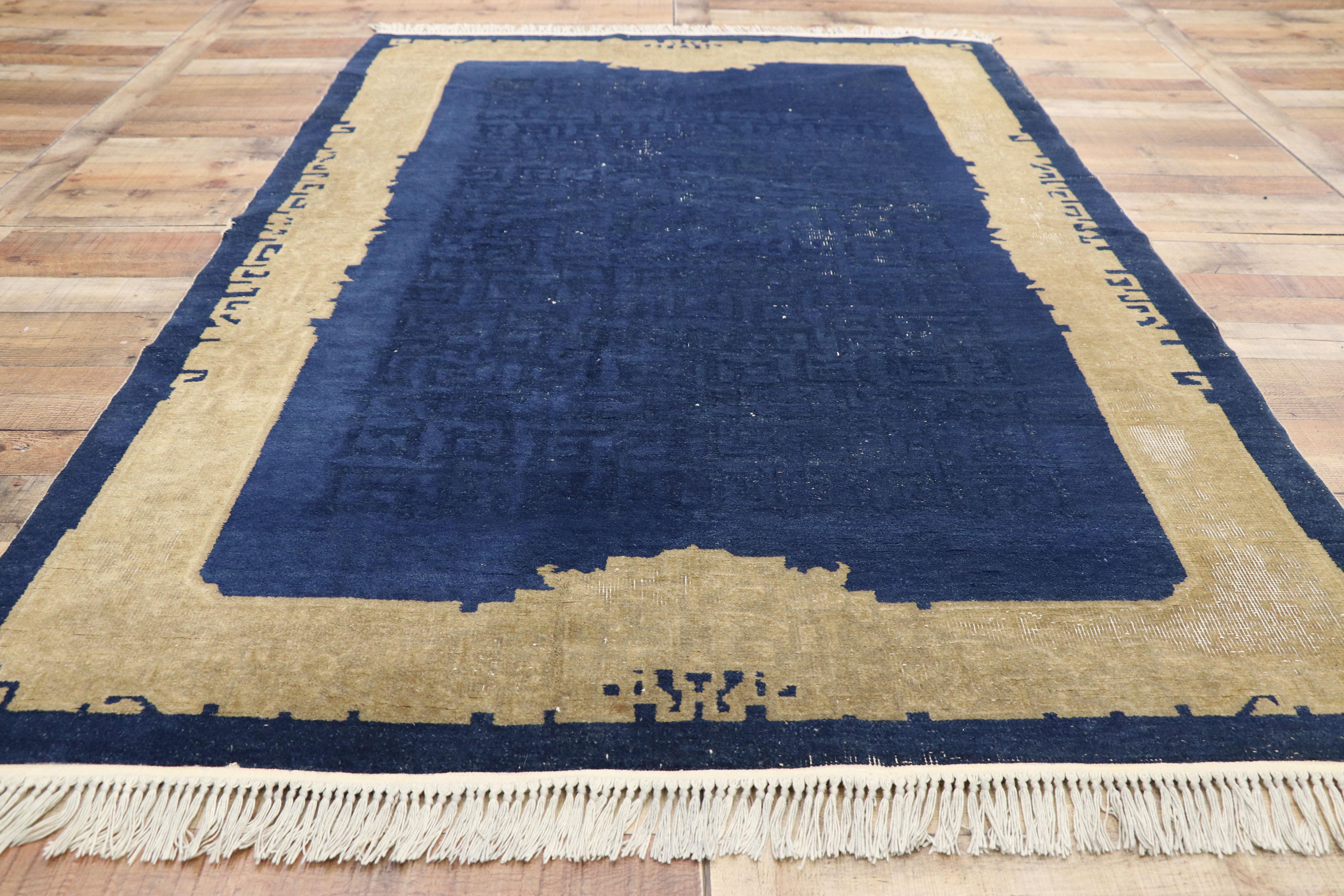 Wool Distressed Antique Chinese Rug with Traditional Chinoiserie Style