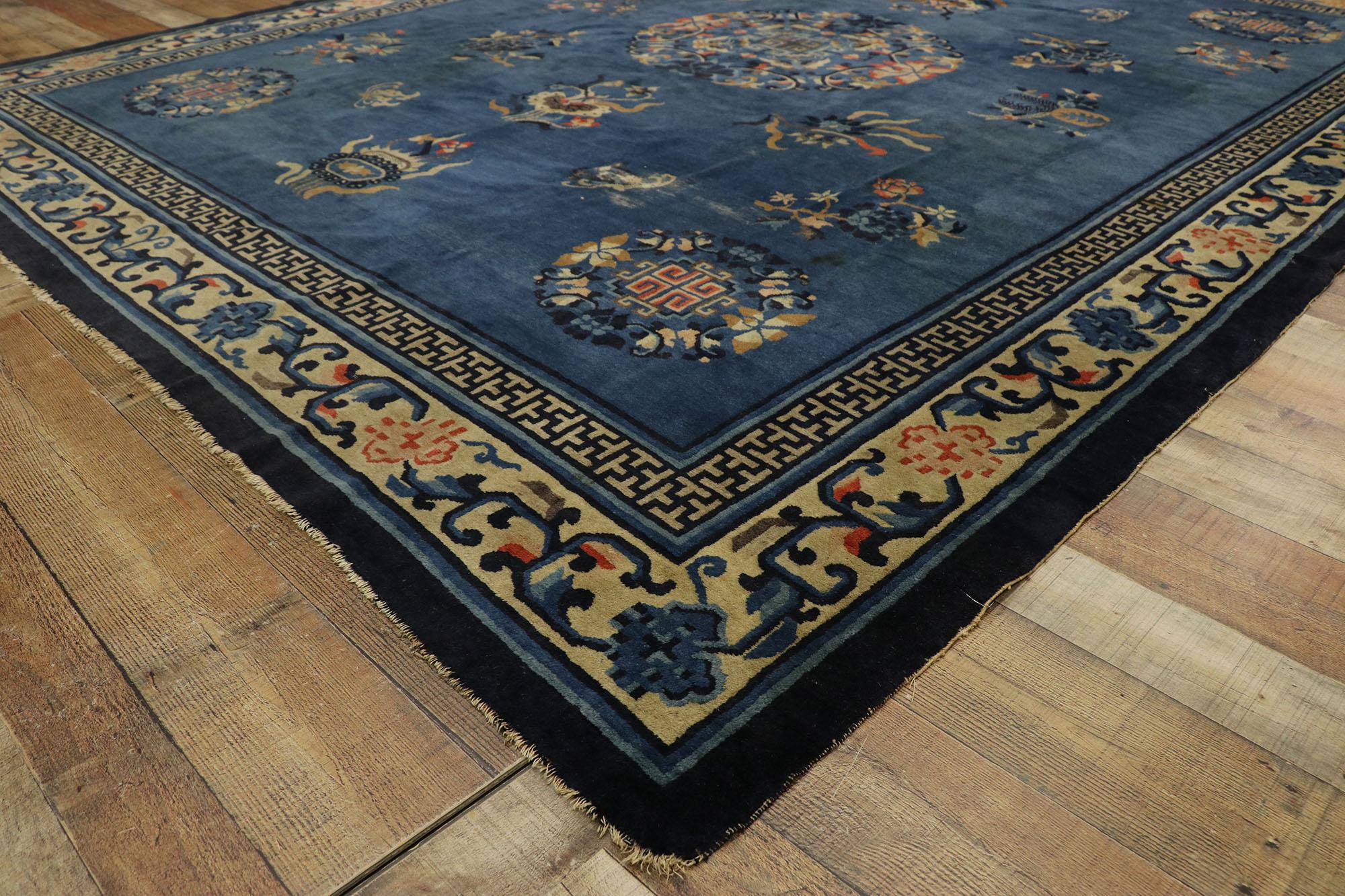 20th Century Antique Blue Chinese Peking Carpet with Traditional Chinoiserie Style For Sale