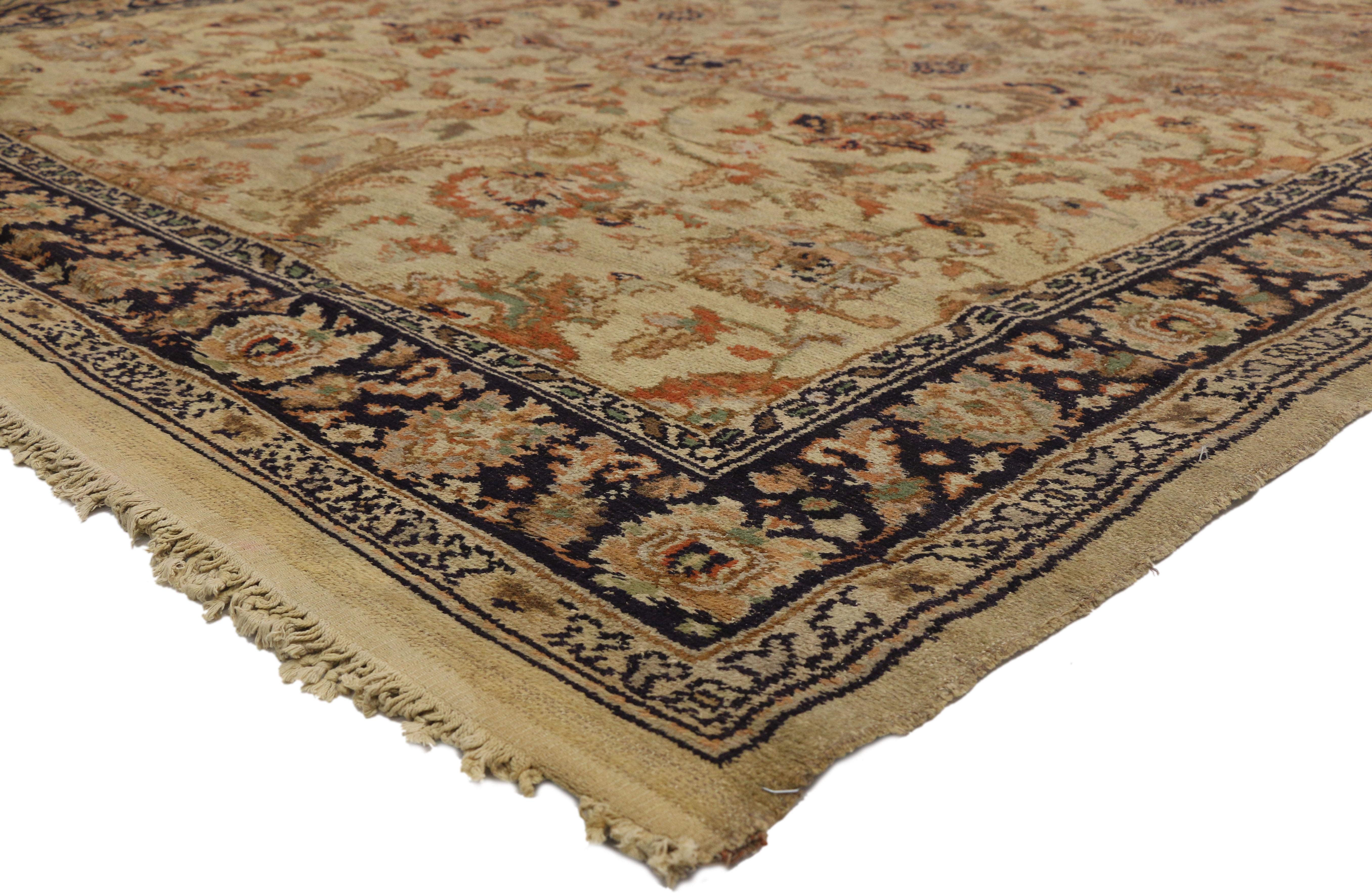 73196 Distressed Antique European Spanish Area Rug with Arts & Crafts Style 07'10 x 11'04. This hand knotted wool distressed antique European Spanish area rug features a lively all-over floral pattern composed of lotus palmettes, Harshang motifs,