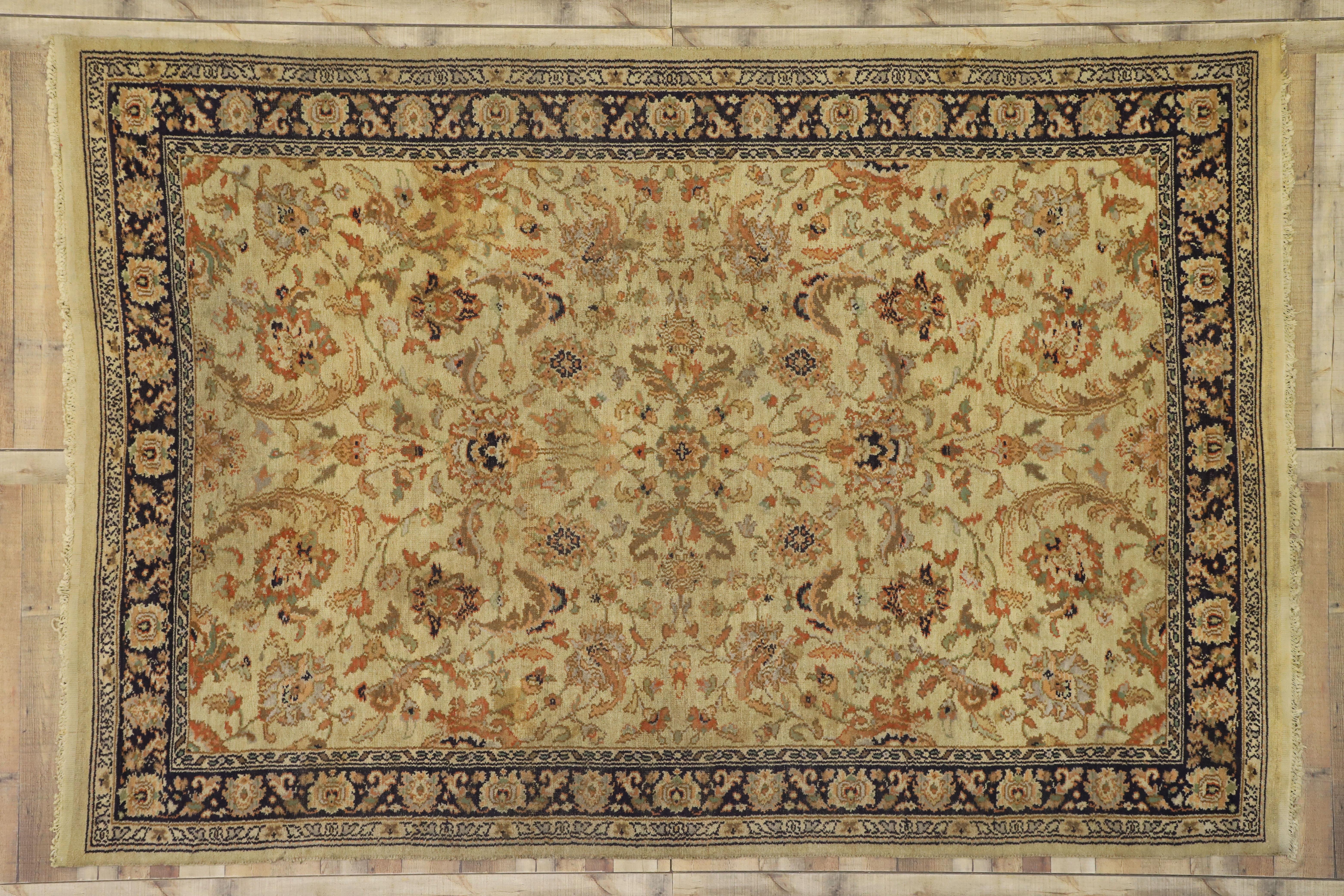 Distressed Antique European Spanish Area Rug with Arts & Crafts Style In Distressed Condition For Sale In Dallas, TX