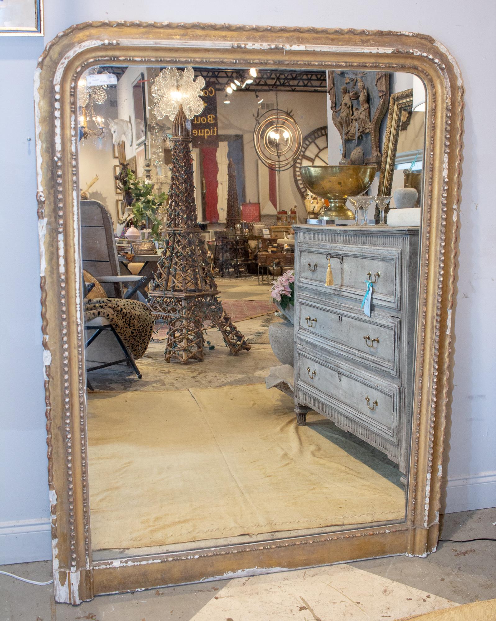 Distressed Antique French Gilt Frame Louis Philippe Mirror with Original Glass 14