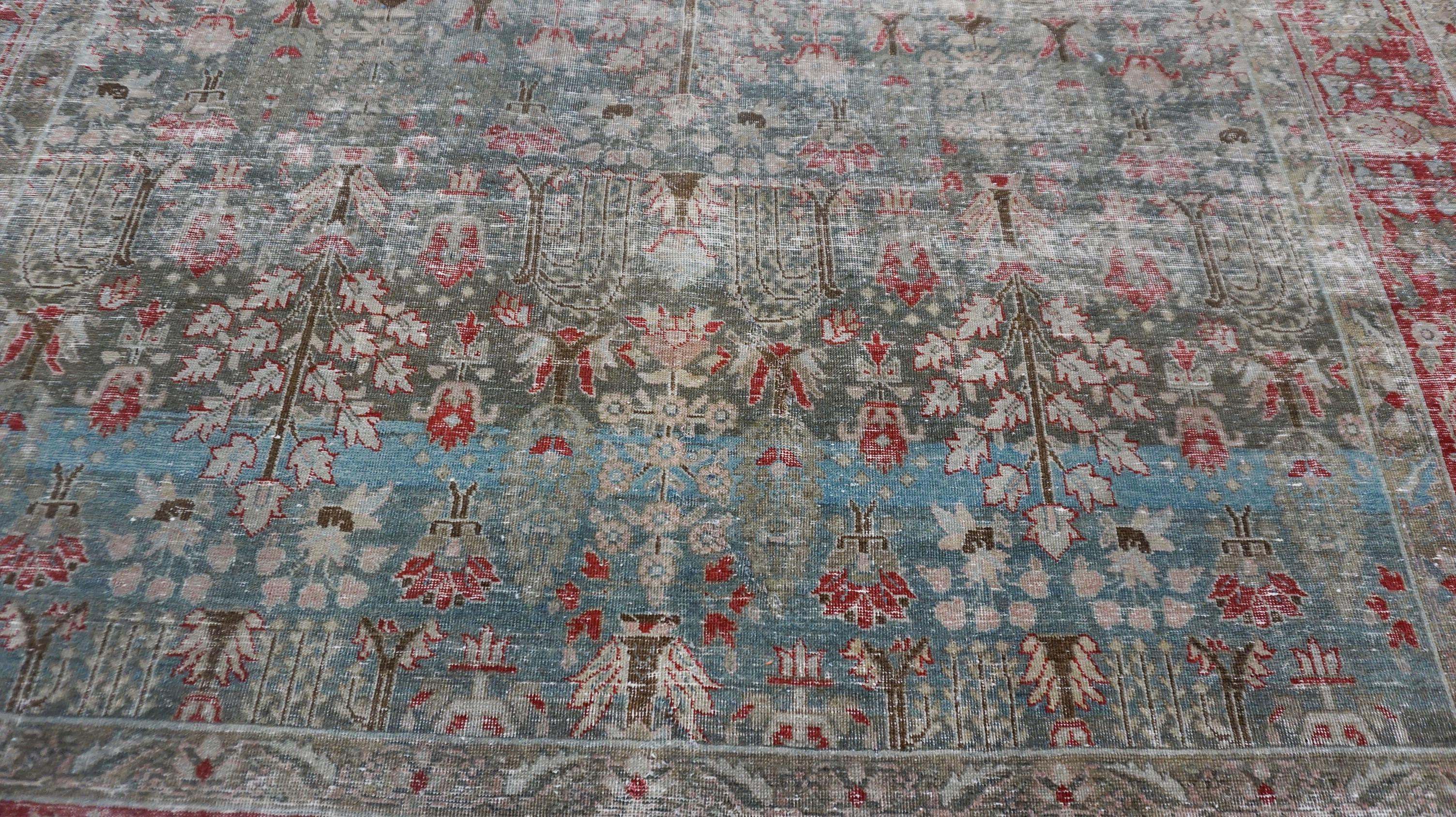 Laine Tapis Tabriz antique vert et rouge à fleurs 7'7''x10'6'' en vente