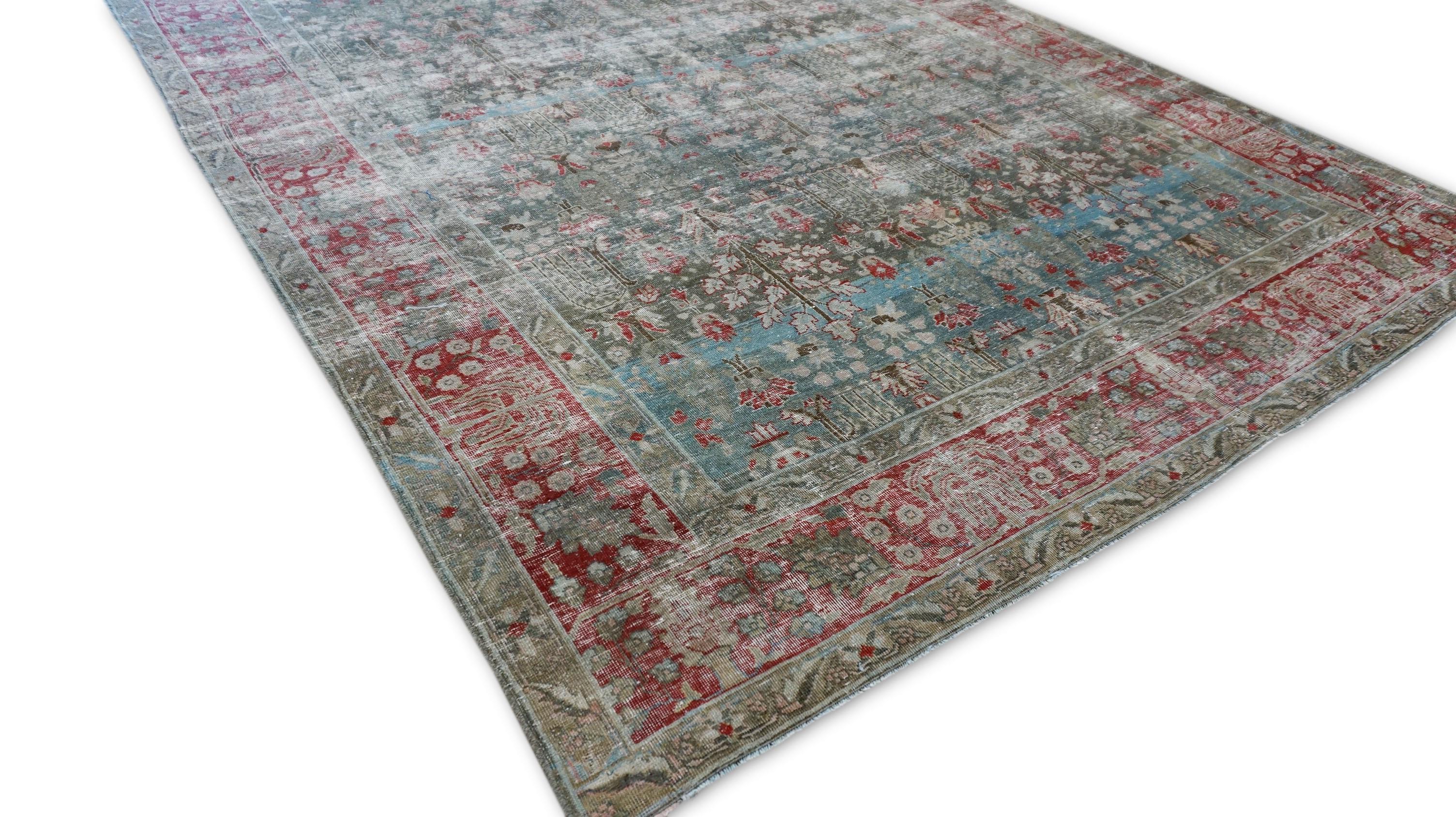 Tapis Tabriz antique vert et rouge à fleurs 7'7''x10'6'' en vente 1