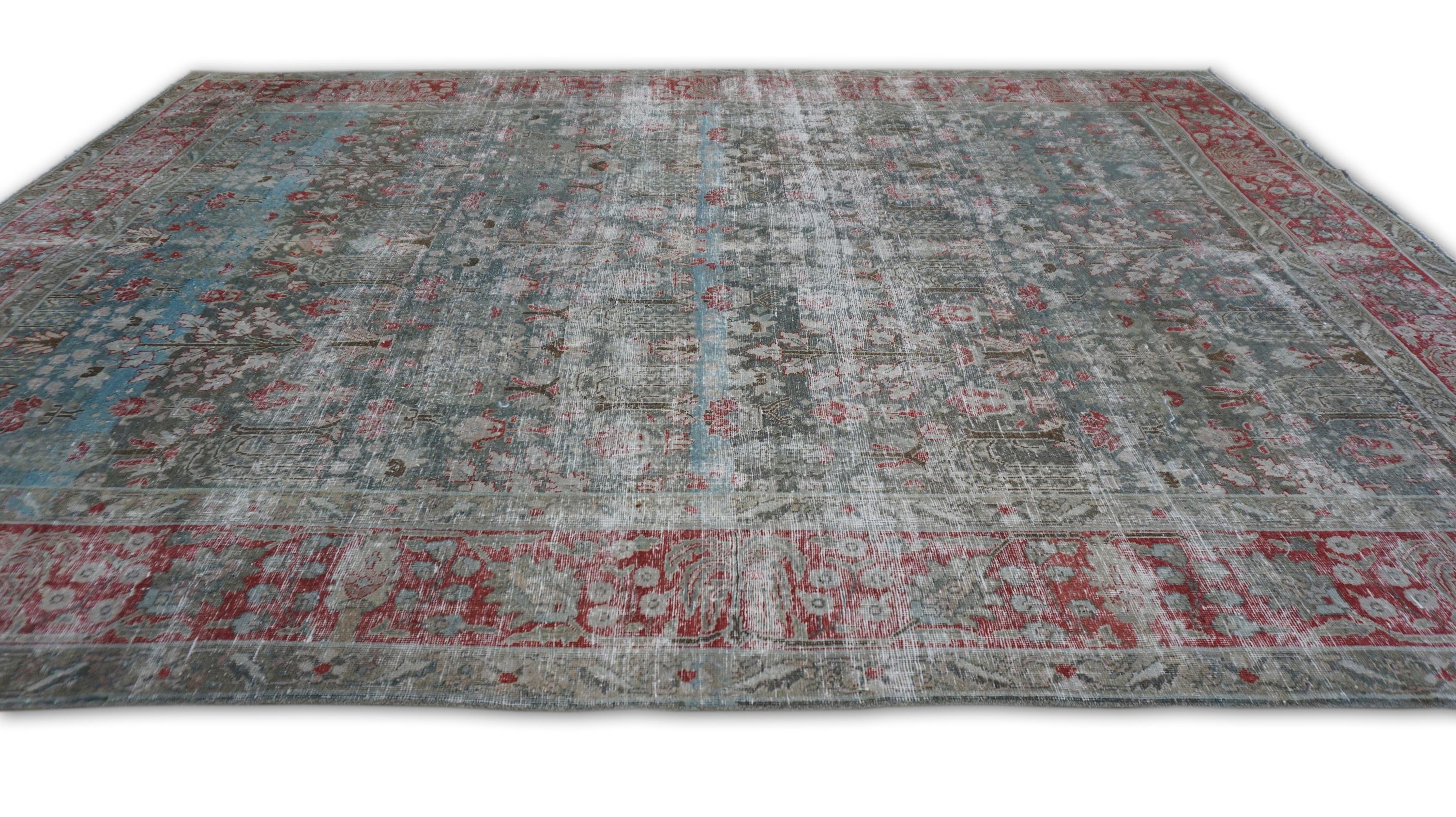 Tapis Tabriz antique vert et rouge à fleurs 7'7''x10'6'' en vente 2