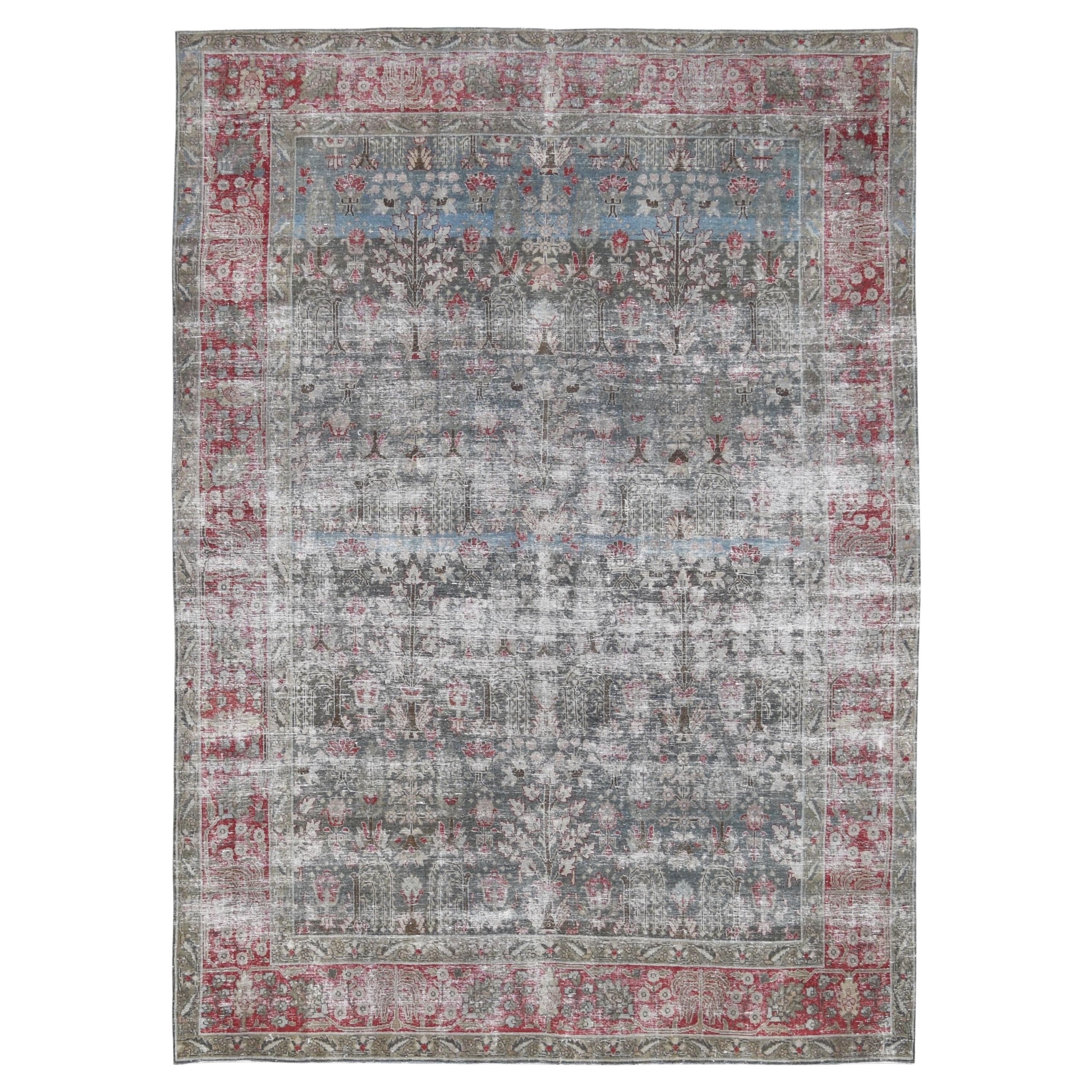 Distressed Antique Green and Red Tabriz Floral Wool Rug 7'7''x10'6''