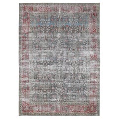 Distressed Antique Green and Red Tabriz Floral Wool Rug 7'7''x10'6''