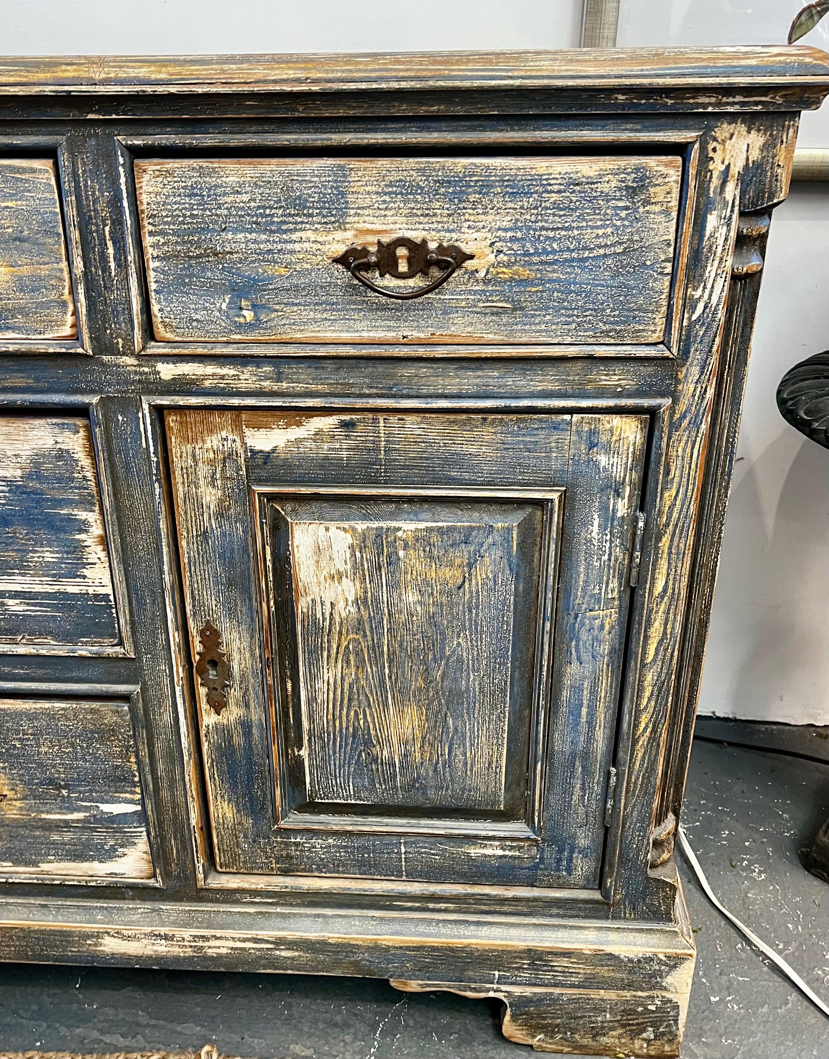 Distressed Antique Hand-Painted Blue and White Sideboard Chest Buffet 4