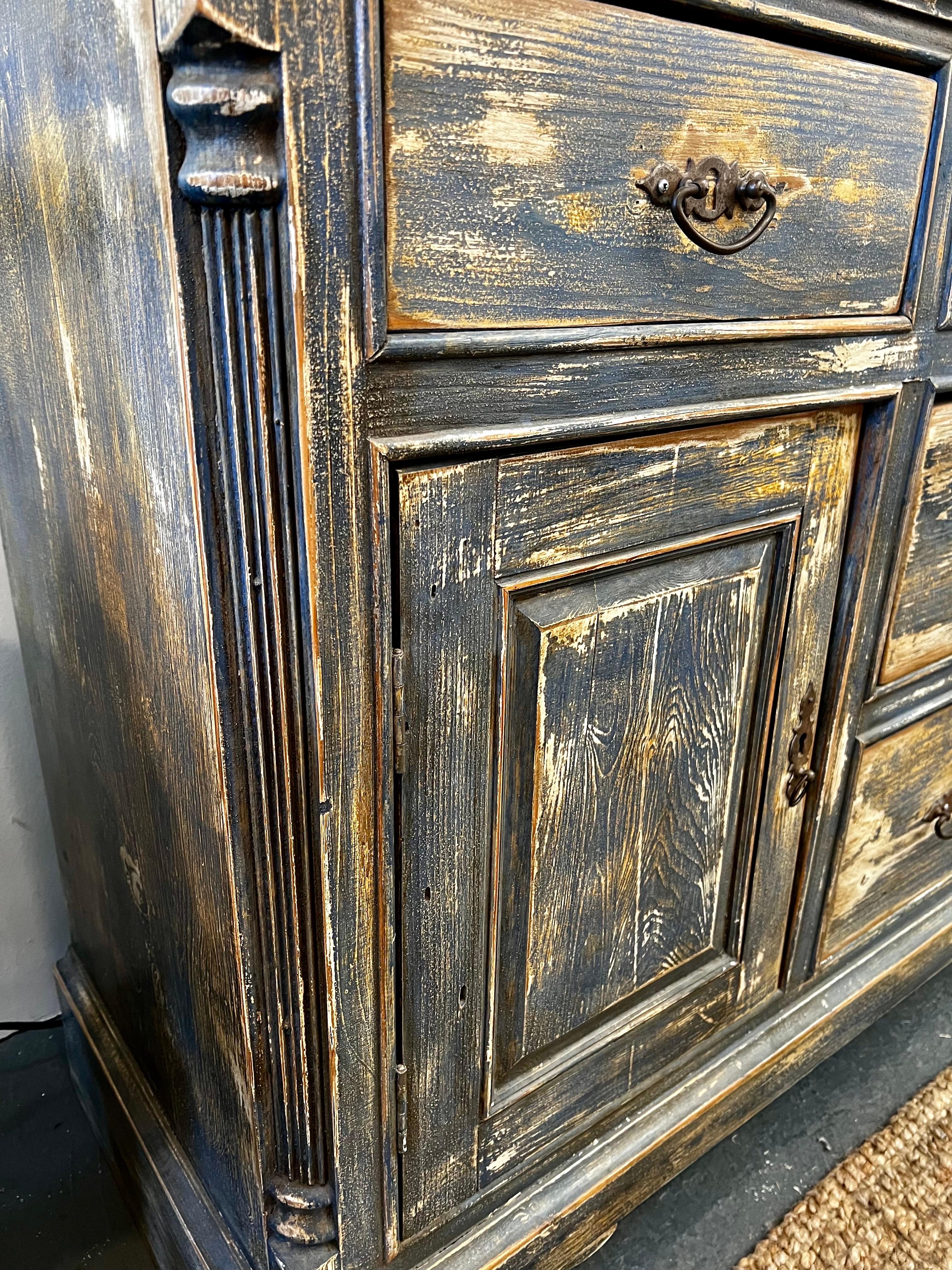 Distressed Antique Hand-Painted Blue and White Sideboard Chest Buffet 5