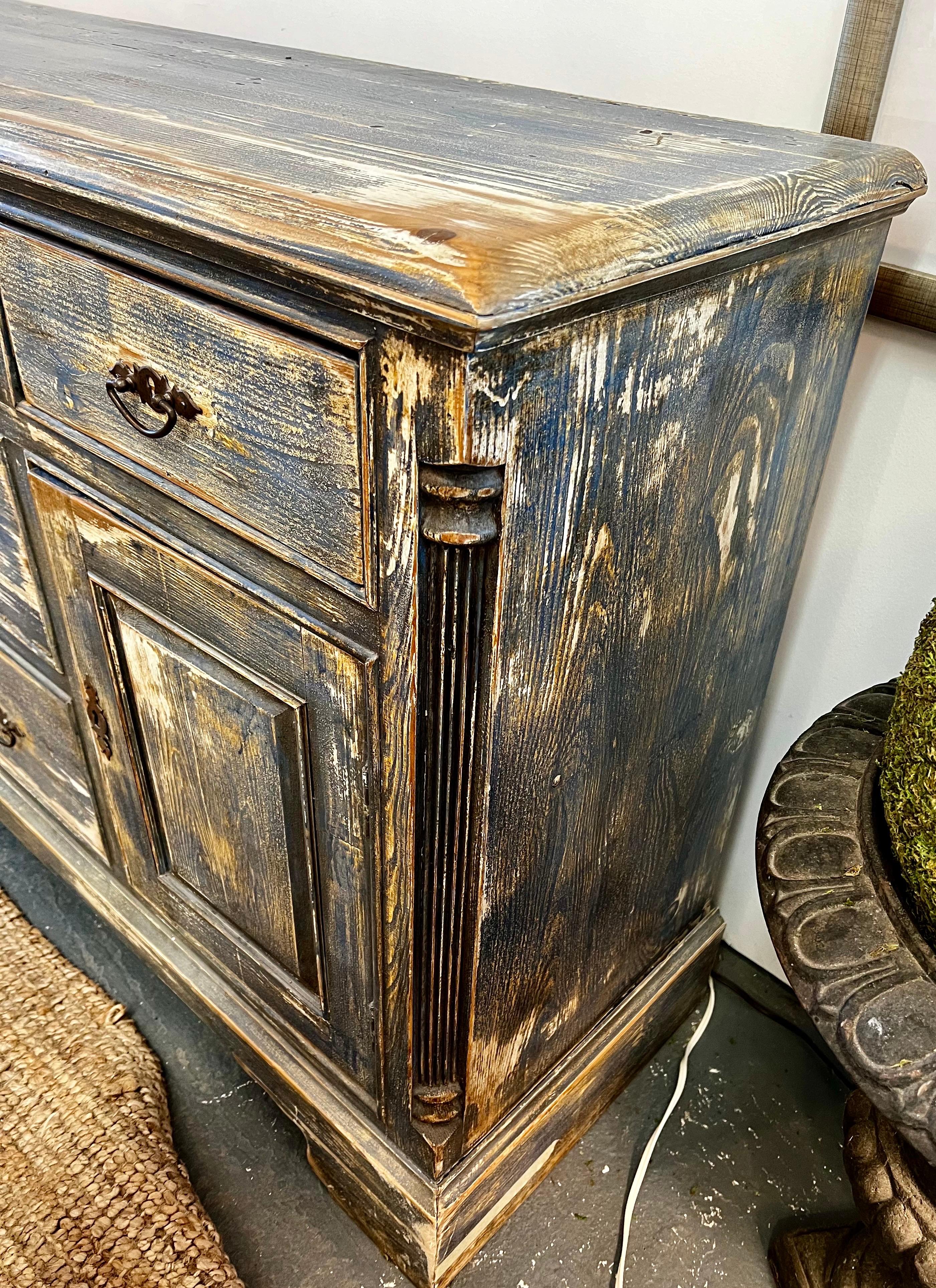 American Distressed Antique Hand-Painted Blue and White Sideboard Chest Buffet