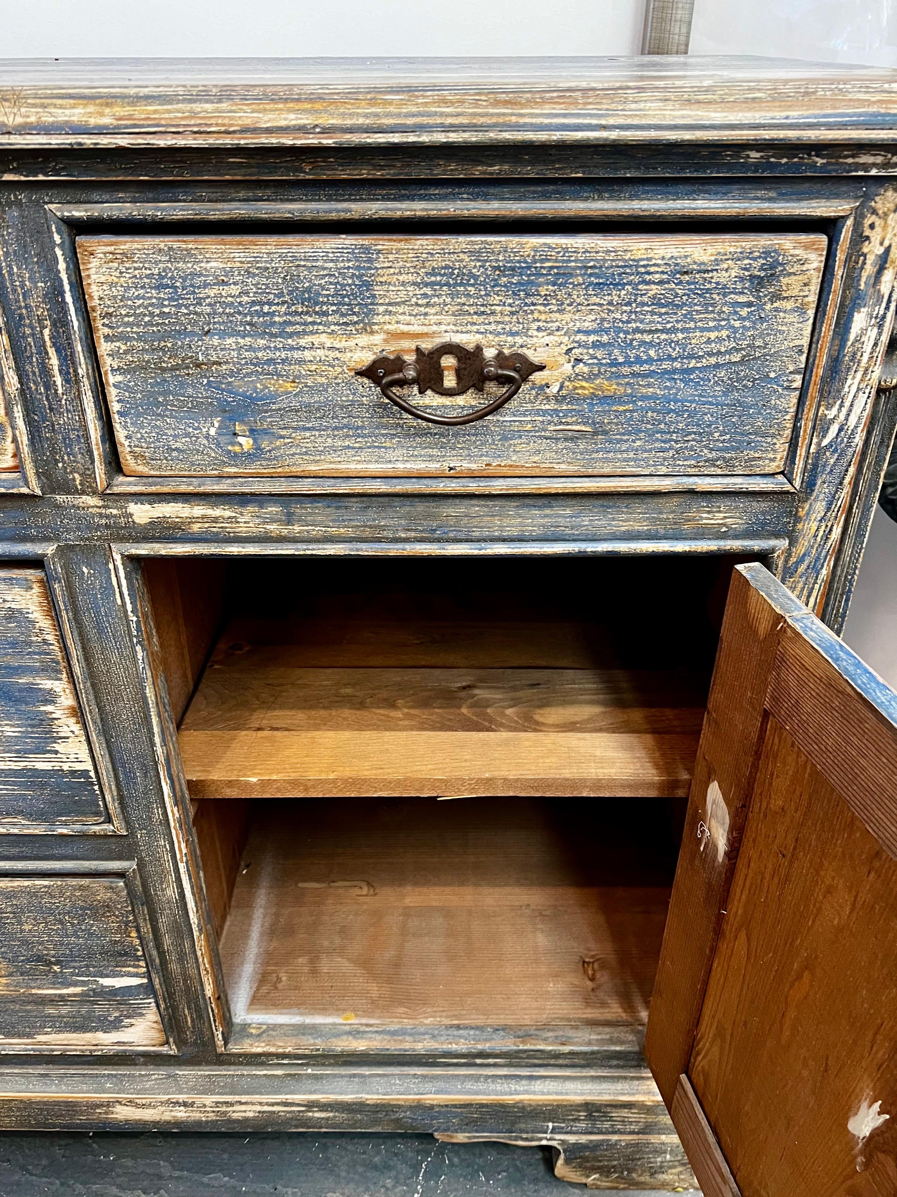 Distressed Antique Hand-Painted Blue and White Sideboard Chest Buffet In Good Condition In West Hartford, CT