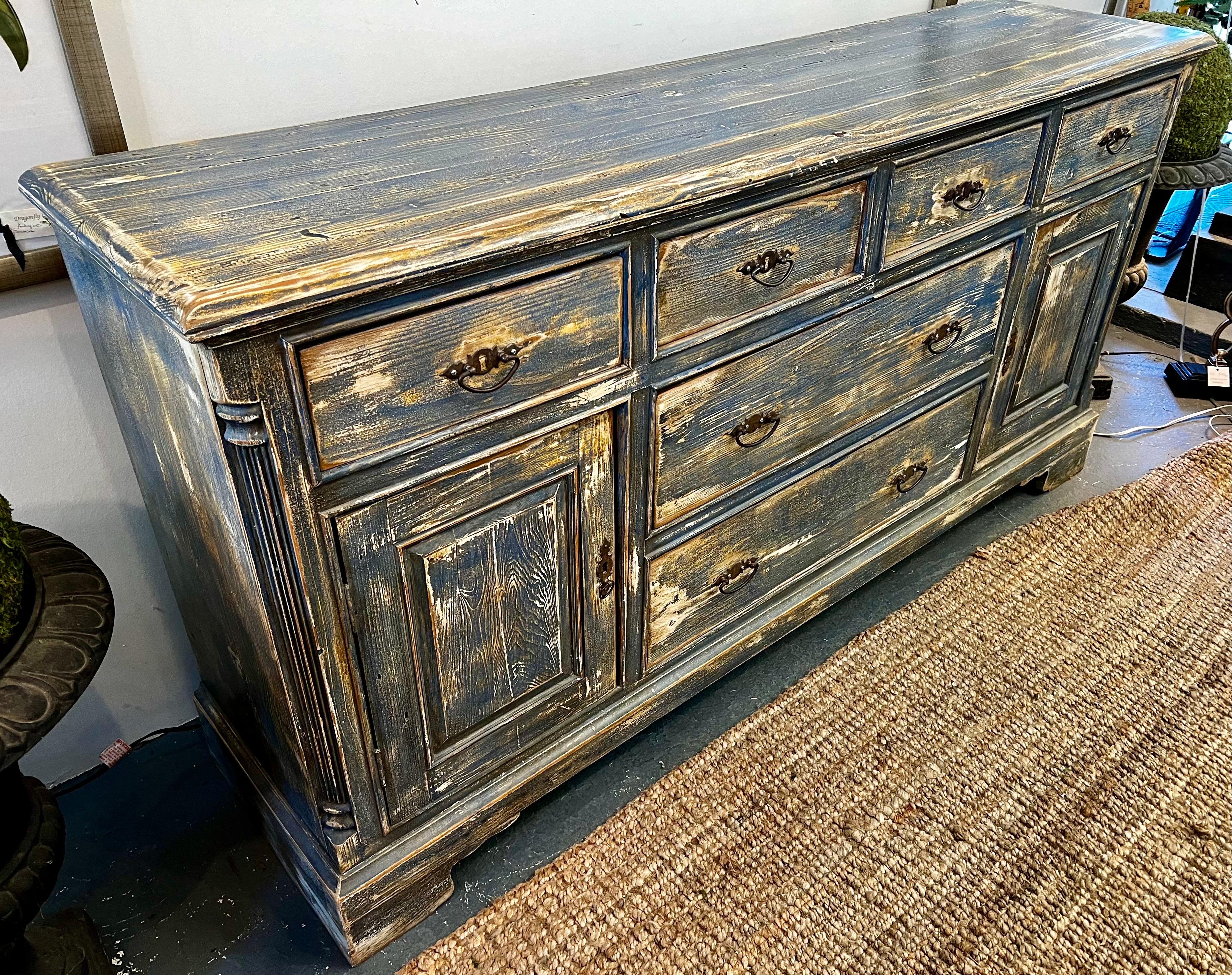 Pine Distressed Antique Hand-Painted Blue and White Sideboard Chest Buffet