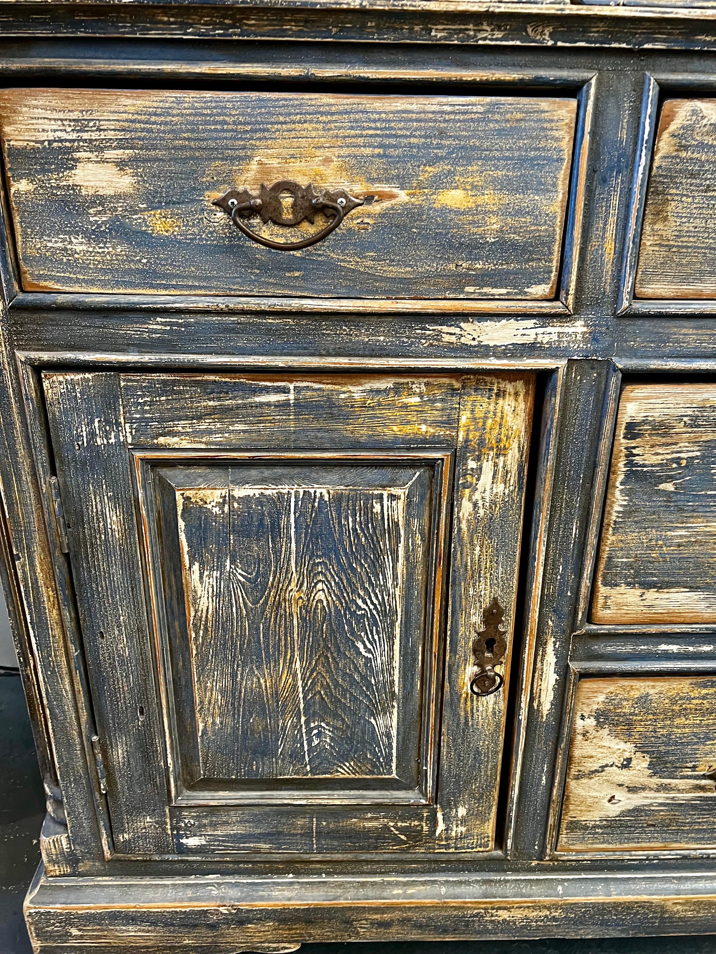 Distressed Antique Hand-Painted Blue and White Sideboard Chest Buffet 1