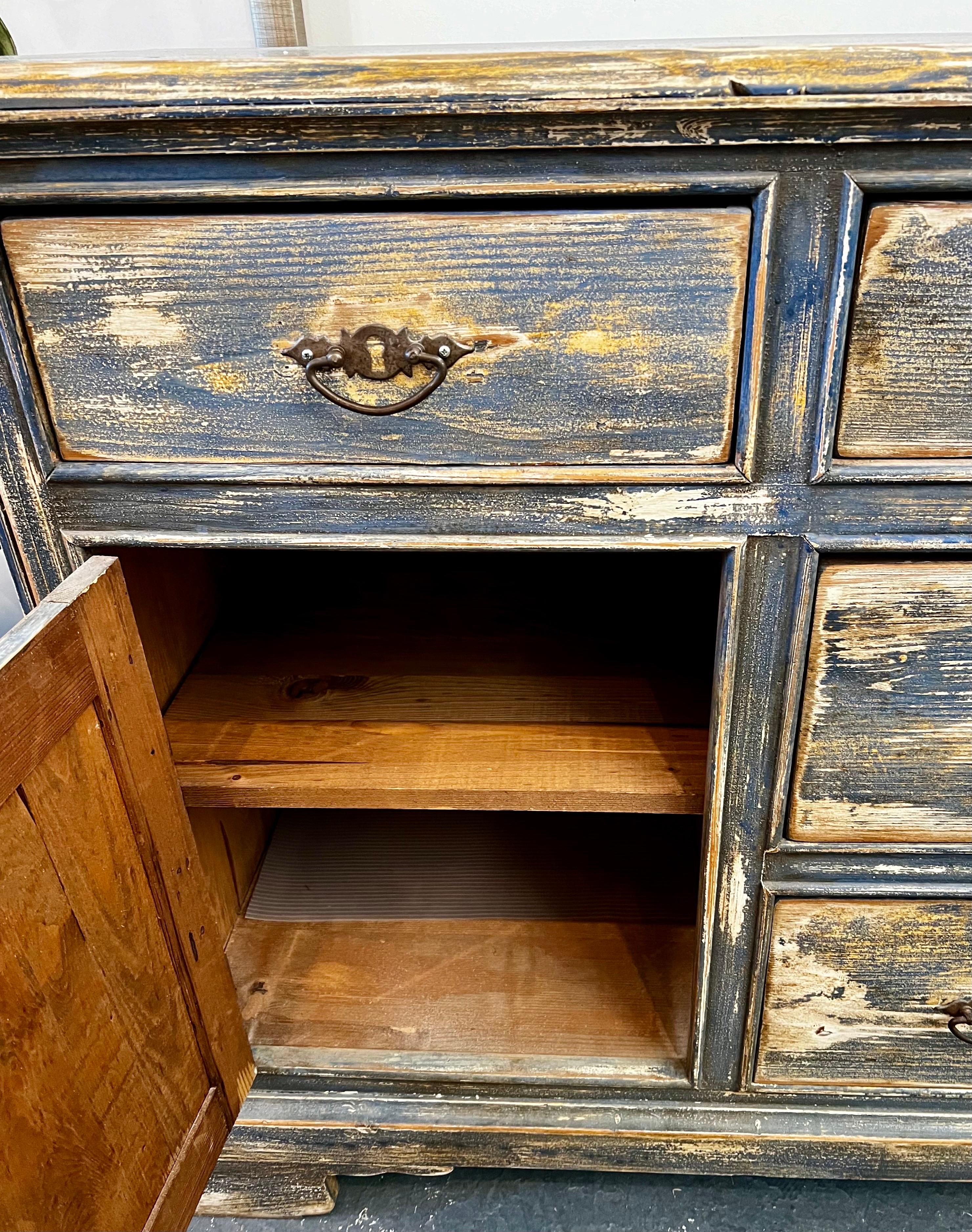Distressed Antique Hand-Painted Blue and White Sideboard Chest Buffet 2