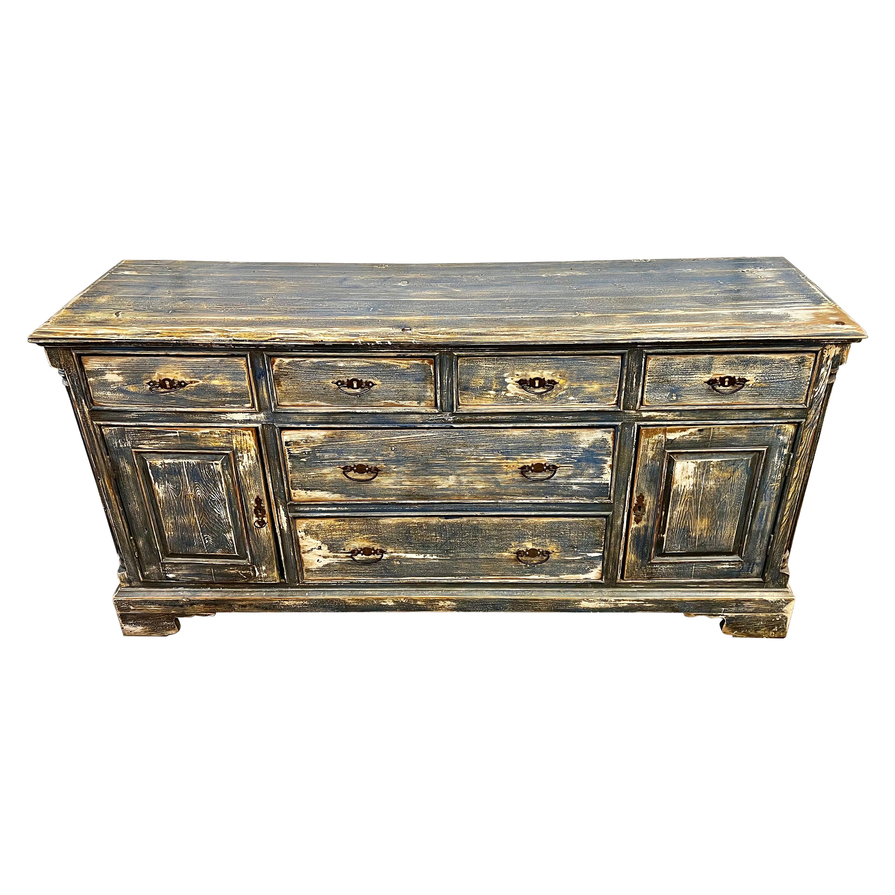 Distressed Antique Hand-Painted Blue and White Sideboard Chest Buffet
