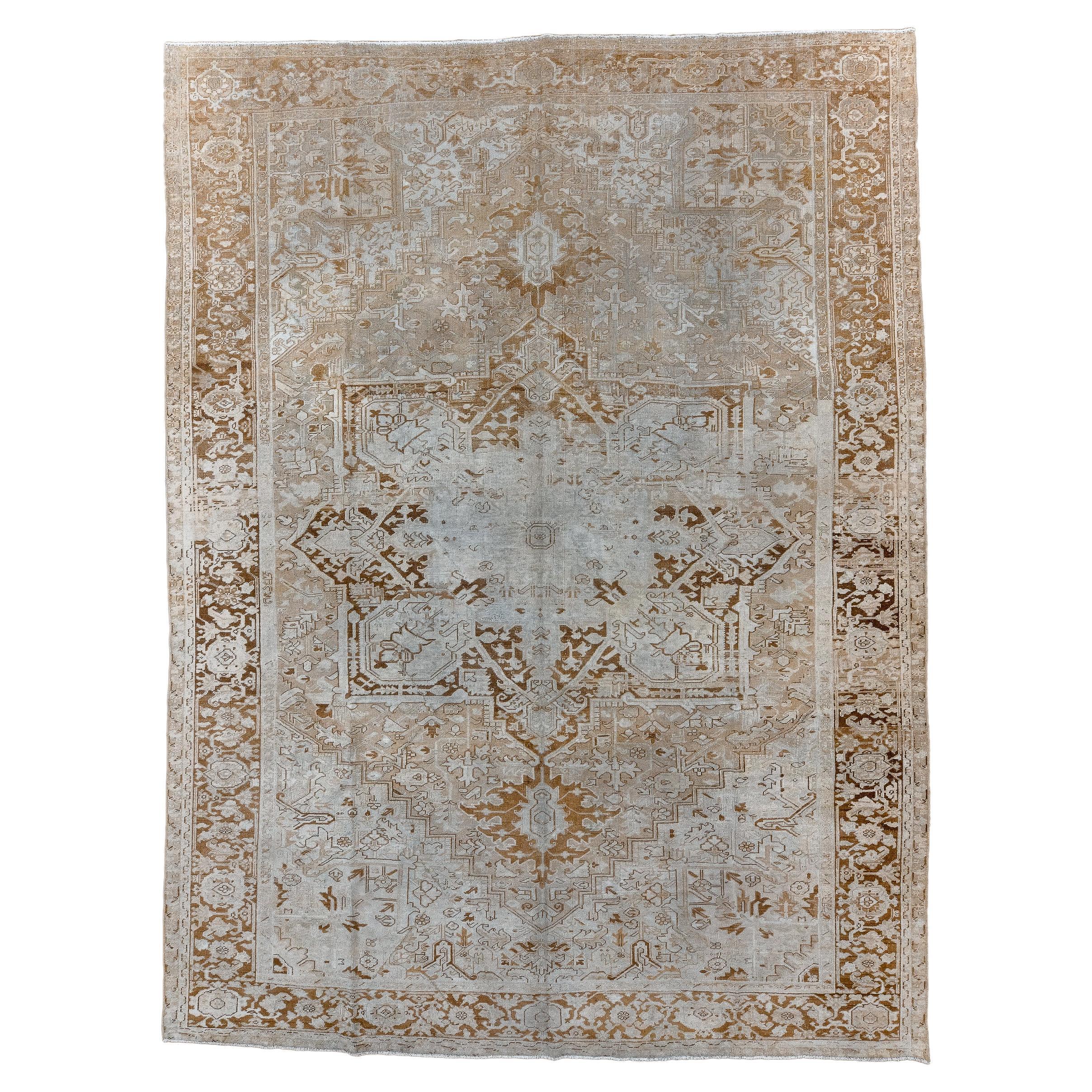 Distressed Antique Heriz with Light Palette For Sale